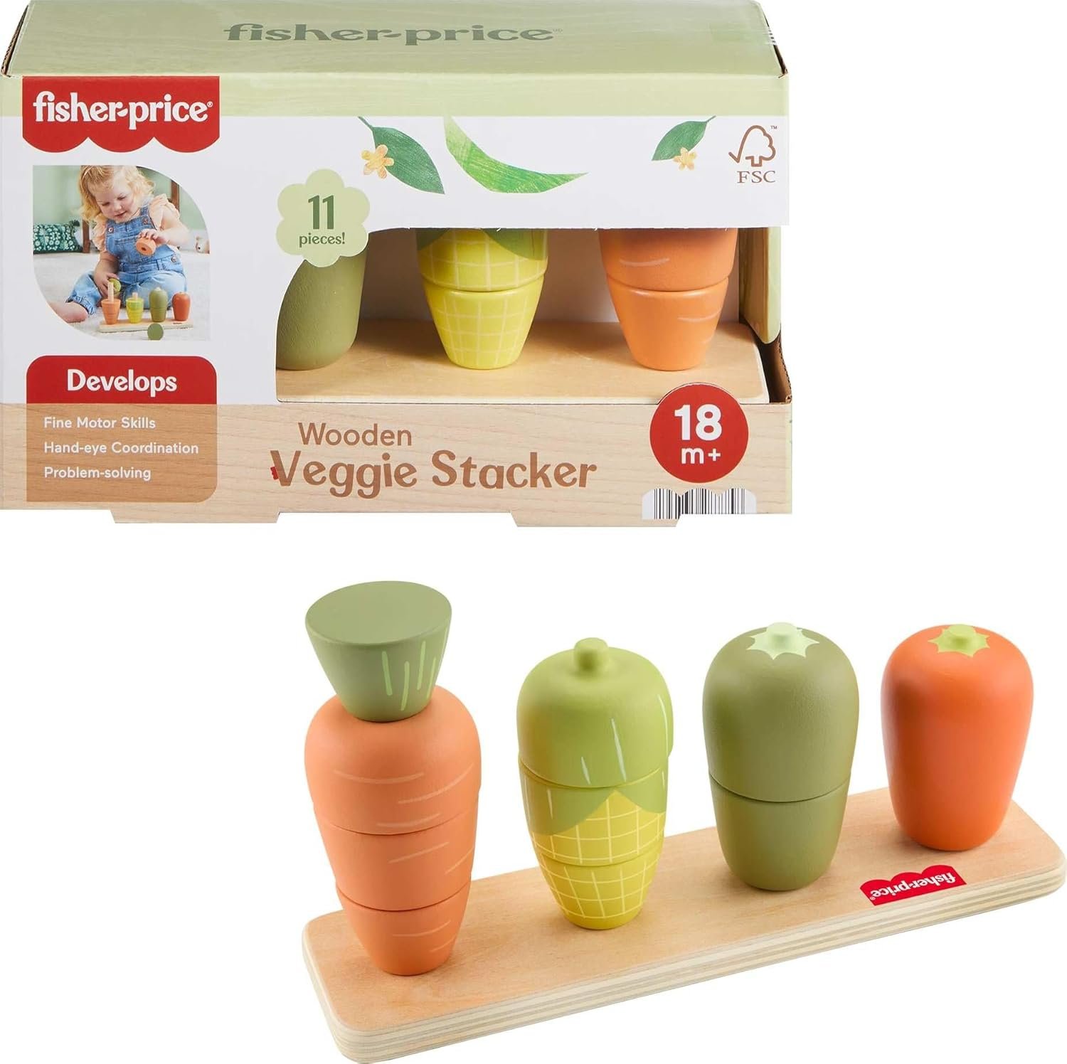 Fisher-Price Wood Toddler Toy Veggie Stacker, Tiny Garden Wooden Sorting & Stacking Activity for Preschool Kids Ages 18+ Months (Amazon Exclusive)