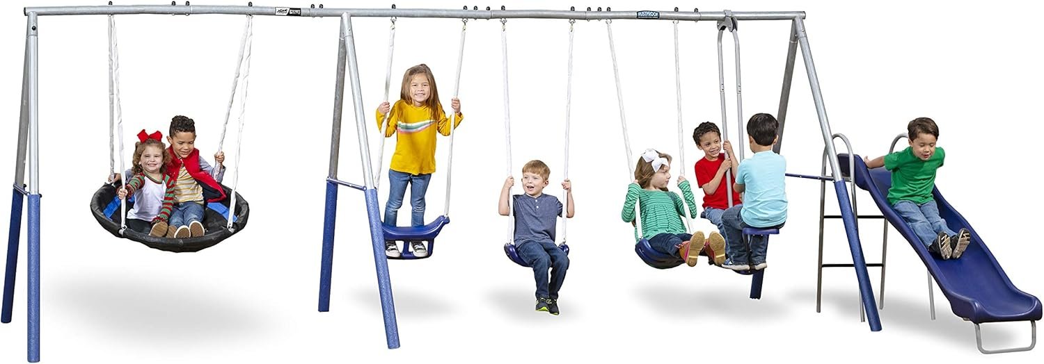 Fun Forever with 6′ Wave Slide – 8 User / 6 Station Easy Assembly Galvanized Metal Backyard Play Kids Swing Set. 192″ L x 104″ Deep x 74″ H, by XDP Recreation a USA Company
