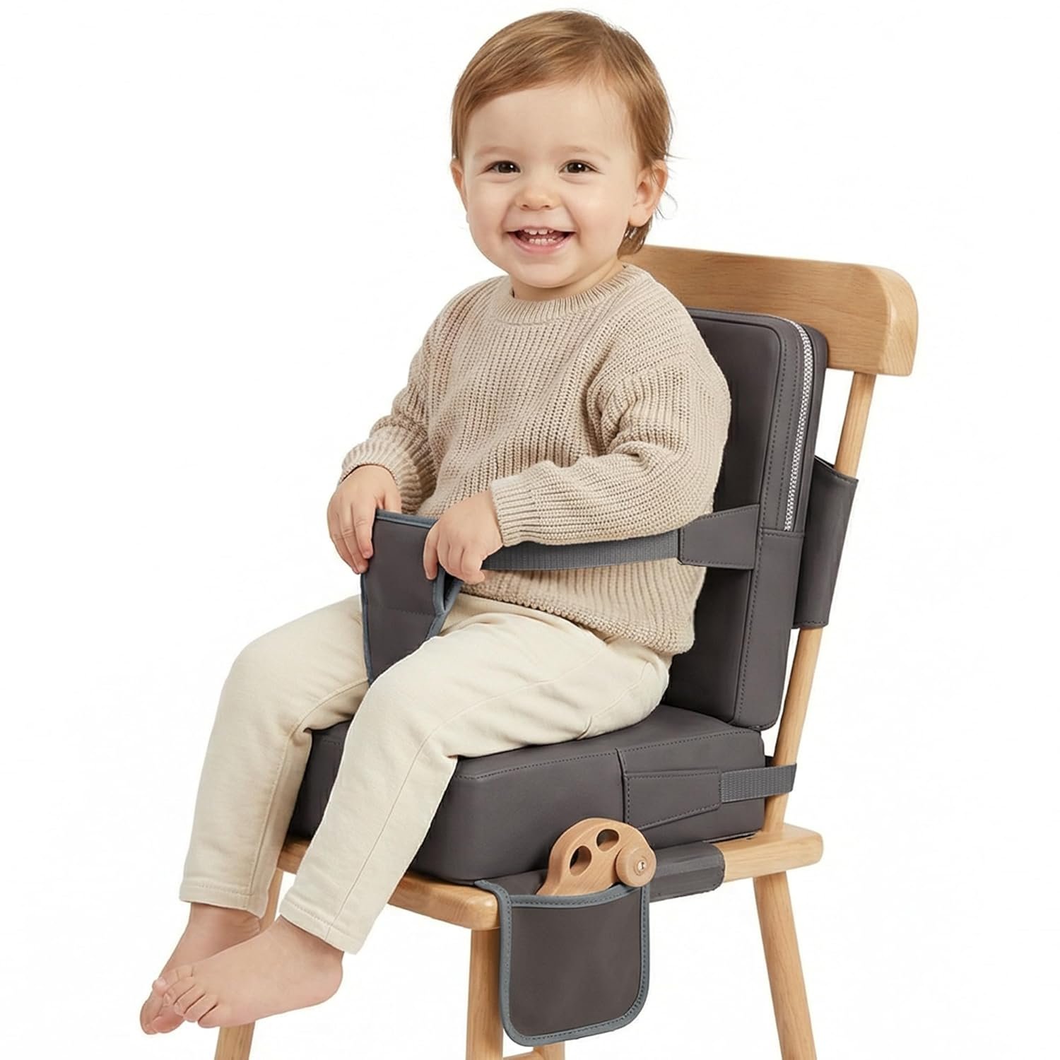 Booster Seat for Kitchen Chair, Non-Slip Toddler Booster Seat for Dining Table with Backrest, Adjustable Straps, Portable Travel Toddler Booster Seat with Storage Bag, Grey