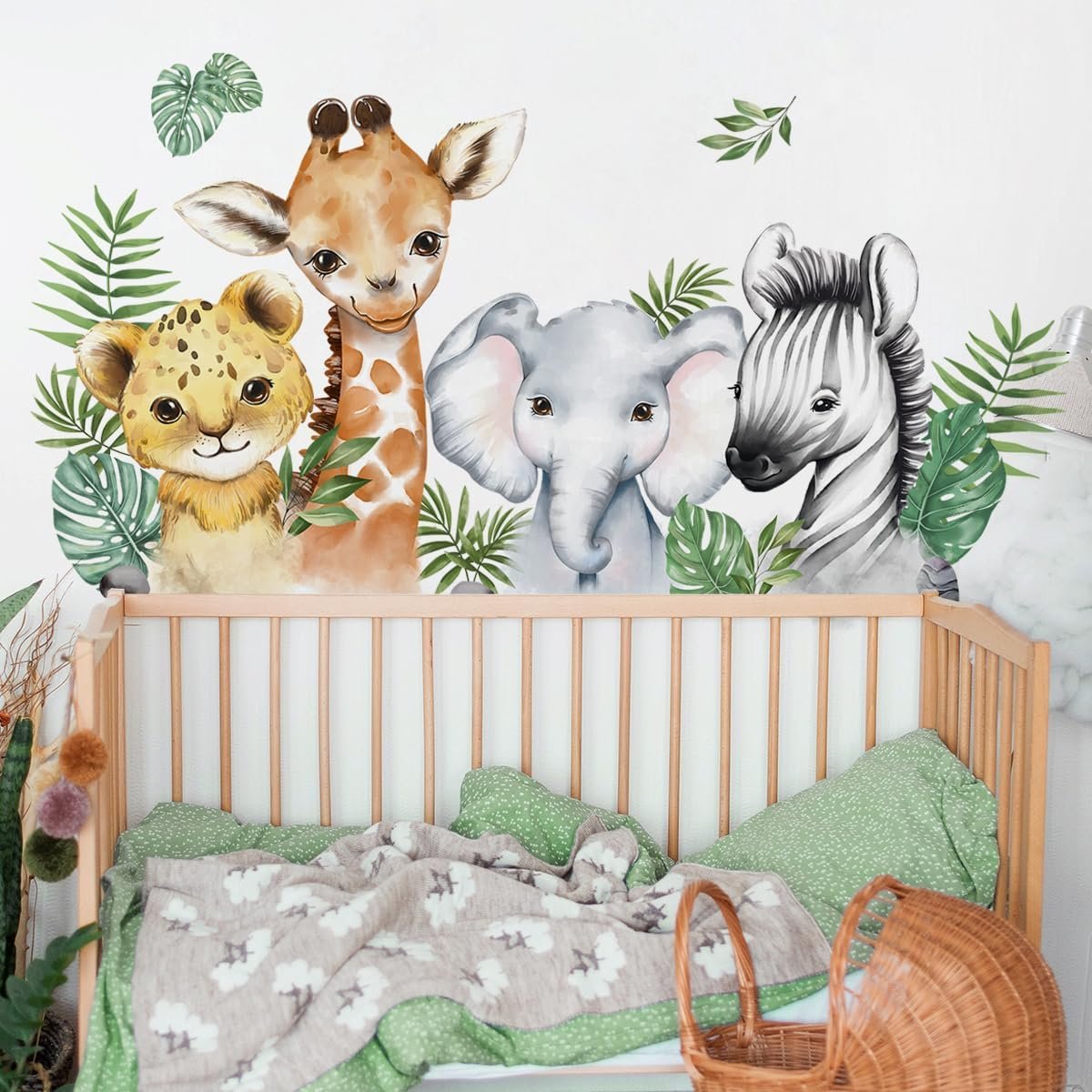 52.51×23.62 Inch Watercolor Jungle Animal Wall Decals Safari Forest Animal Wall Sticker Elephant Lion Monkey Decals for Baby Nursery Playroom Bedroom Classroom Kindergarten Decor