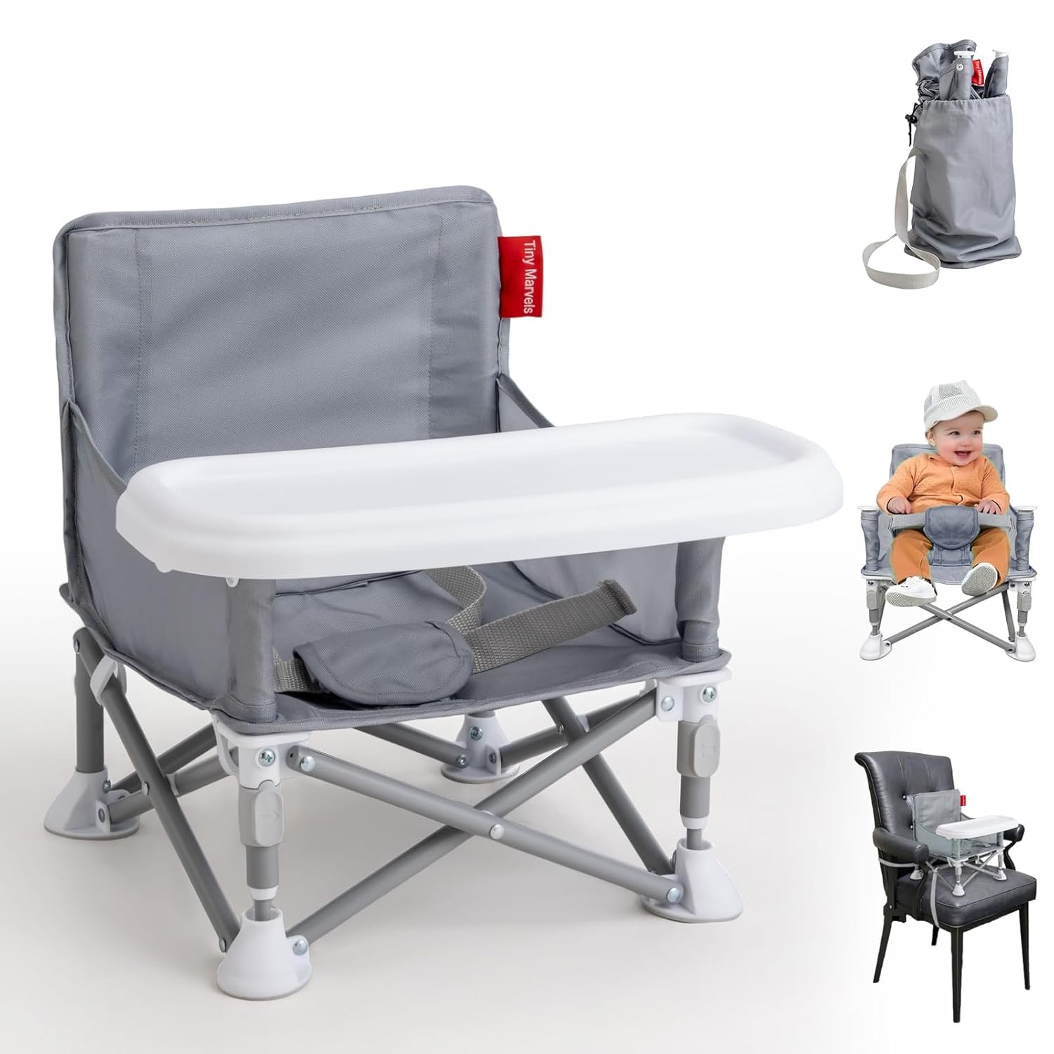 Tiny Marvels Portable Booster Seat, Foldable Baby High Chair with Removable Tray, Safety Harness & Carry Bag – for Toddlers Ages 6M-3Y, Ideal for Dining, Travel, Camping & Family Time
