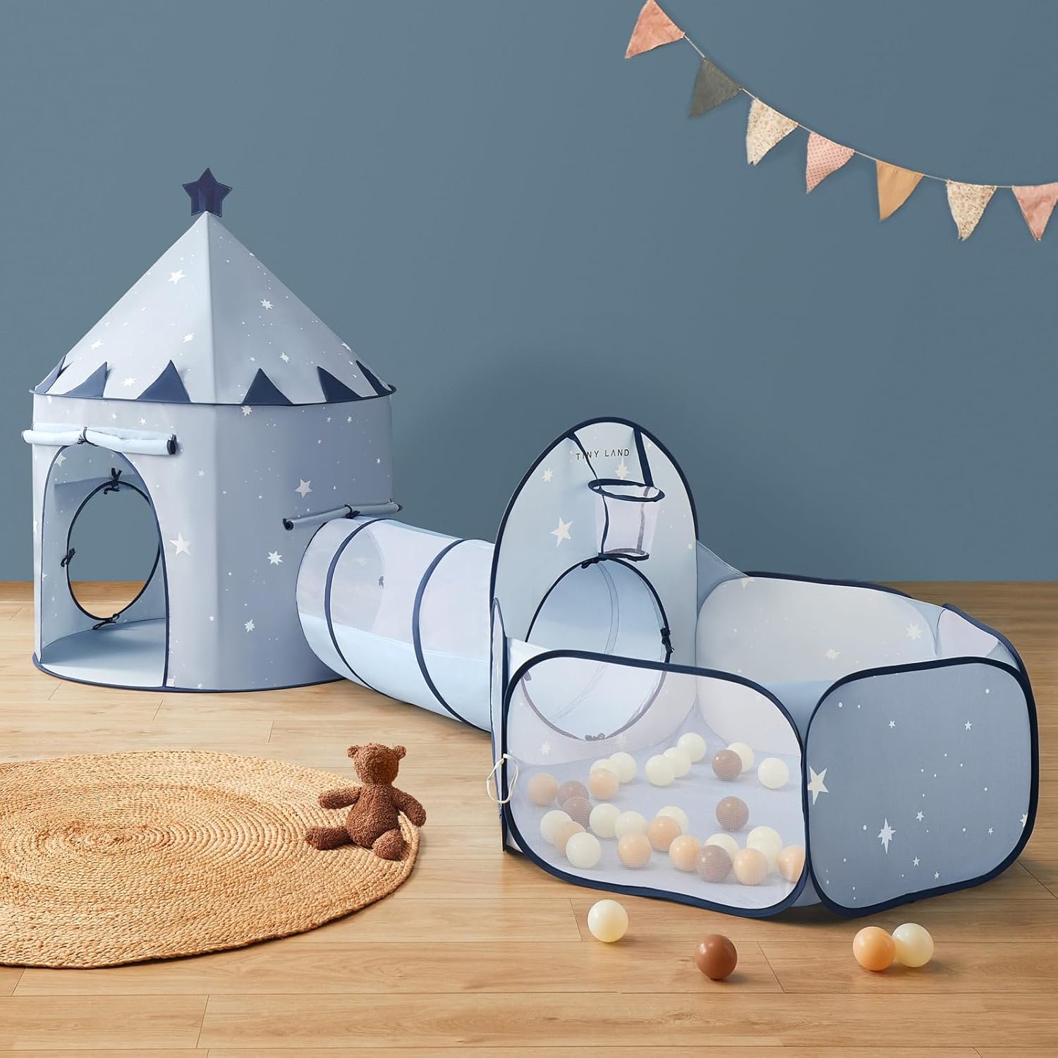Tiny Land 3-in-1 Baby Tunnel for Toddlers with Ball Pit & Play Tent, Pop Up Crawl Tunnel for Kids, Indoor/Outdoor Play Tunnel, Foldable Baby Crawling Tunnel Toy (Blue)