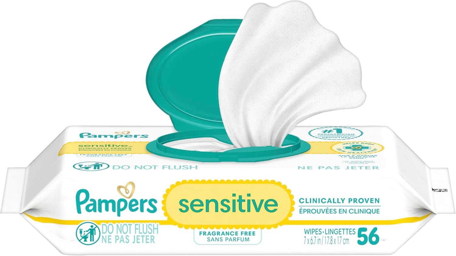 Pampers Sensitive Baby Wipes, Water Based, Clinically Proven, Hypoallergenic, and Unscented for Babies, 56 Wipes Total (1 Flip-Top Packs) [Packaging May Vary]