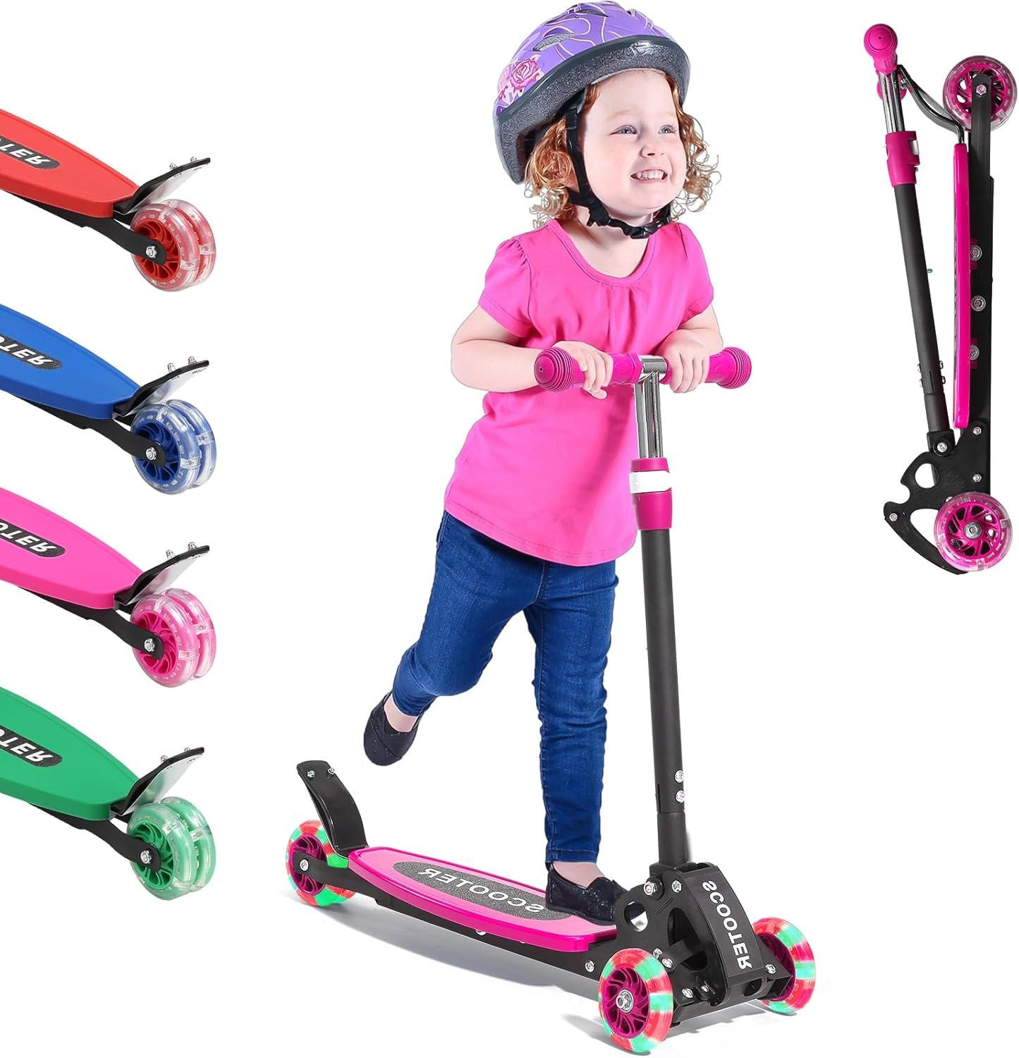 Scooter for Kids Ages 3-5, LED Light Up 3 Wheel Toddler Scooter with 4 Adjustable Heights, Lean-to-Steer Wheels, Safe Metal Brake, Foldable Kick Scooter for Boys Girls, Support 120 lbs, Birthday Gift