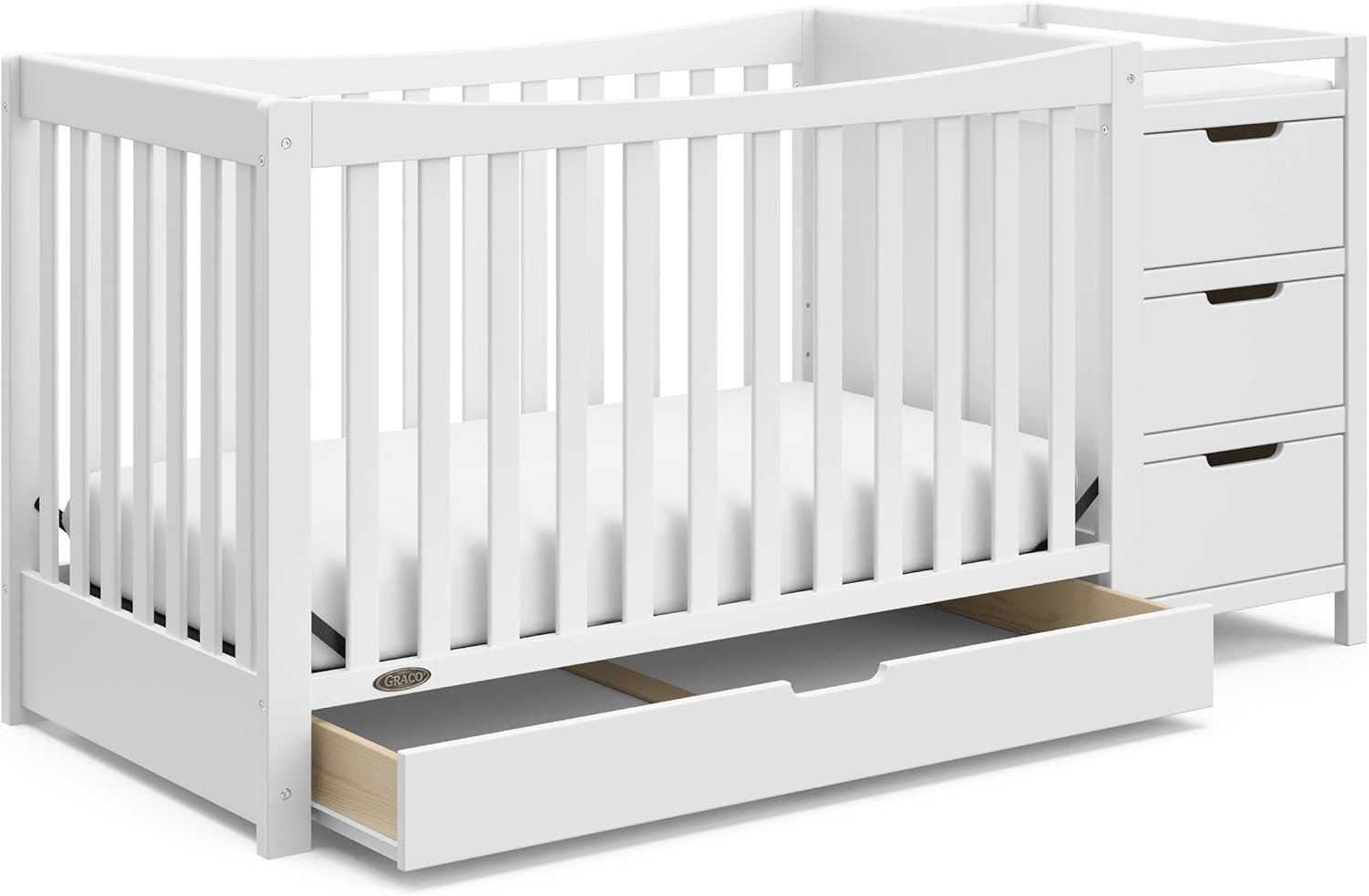 Graco Remi 4-in-1 Convertible Crib & Changer – GREENGUARD Gold Certified, Fits Standard Crib Mattress, Converts to Toddler Bed and Full Bed, 4 Adjustable Mattress Heights (White)
