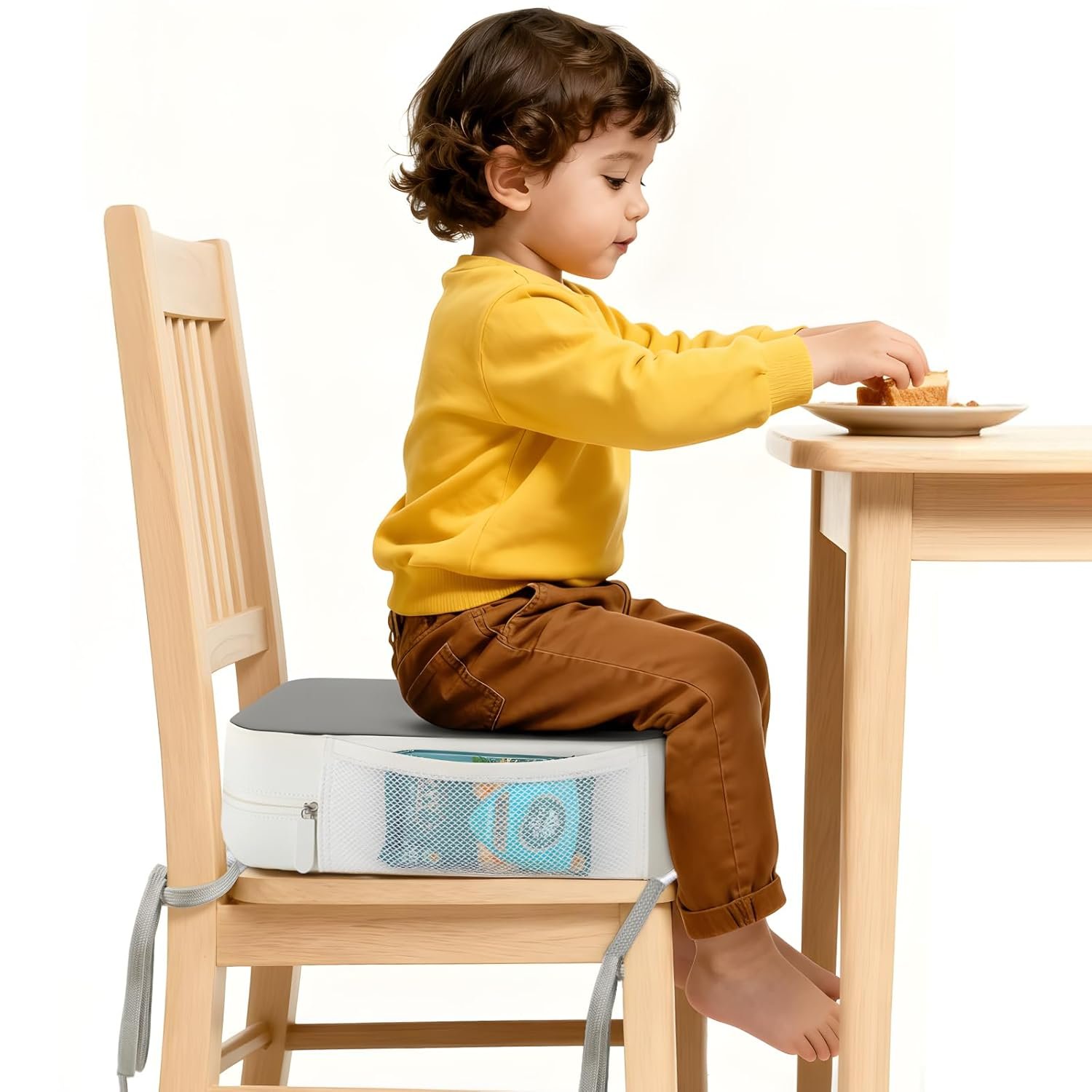 Booster Seat for Kitchen Chair, 3.8″ Toddler Booster Seats for Dining Table with Ties, PU Dining Chair Pads with Side Pockets, Non-Slip & Removable Booster Seat for Table Increasing Cushion (Grey)