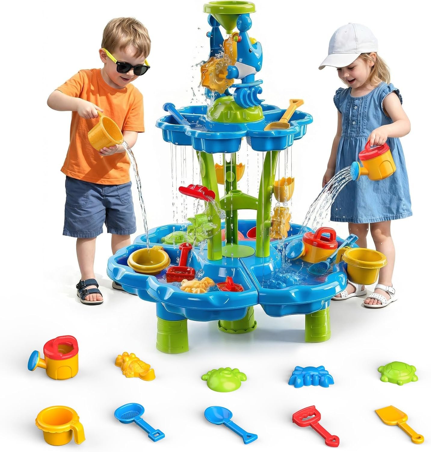 HeySplash Water Table for Toddlers, 3-Tier Kids Water Table for Boys Girls Over 3 Years, Outdoor Toys Sensory Table with 13 Piece Toy Accessories, Sand Table for Outdoor Beach Backyard Garden Summer