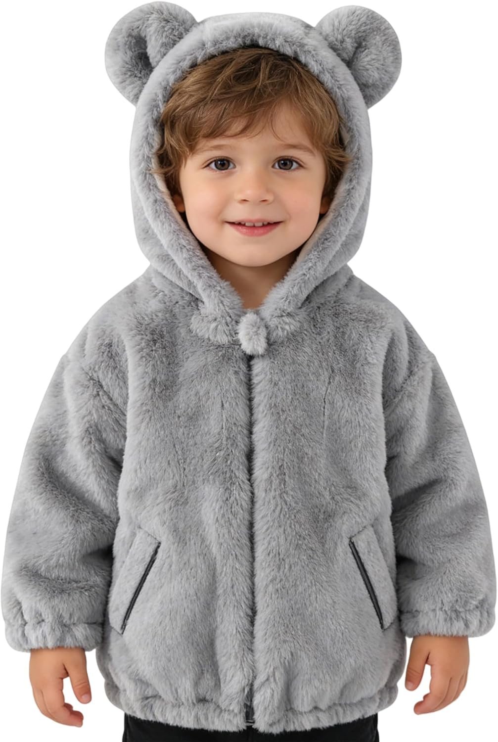 Toddler Boys Fleece Fuzzy Warm Bear Ear Hoodies Jacket Zipper Side Pockets Winter Clothes Coat for 2T – 5T