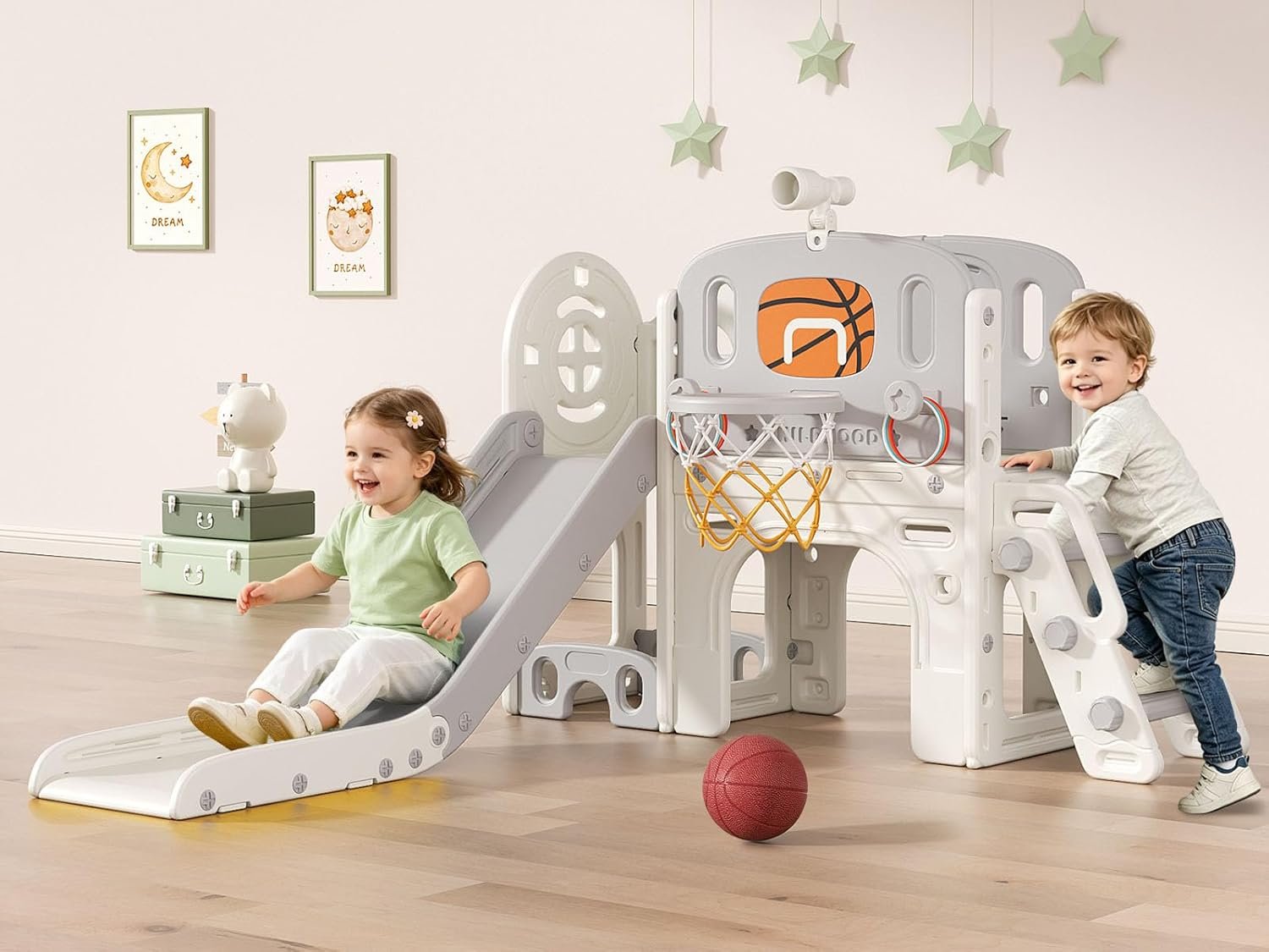 BIERUM 9 in 1 Toddler Slide Set – Baby Slide for Toddlers 1-3 with Ring Toss and Basketball Hoop, Indoor Outdoor Toddler Playset Playground Beige Gray