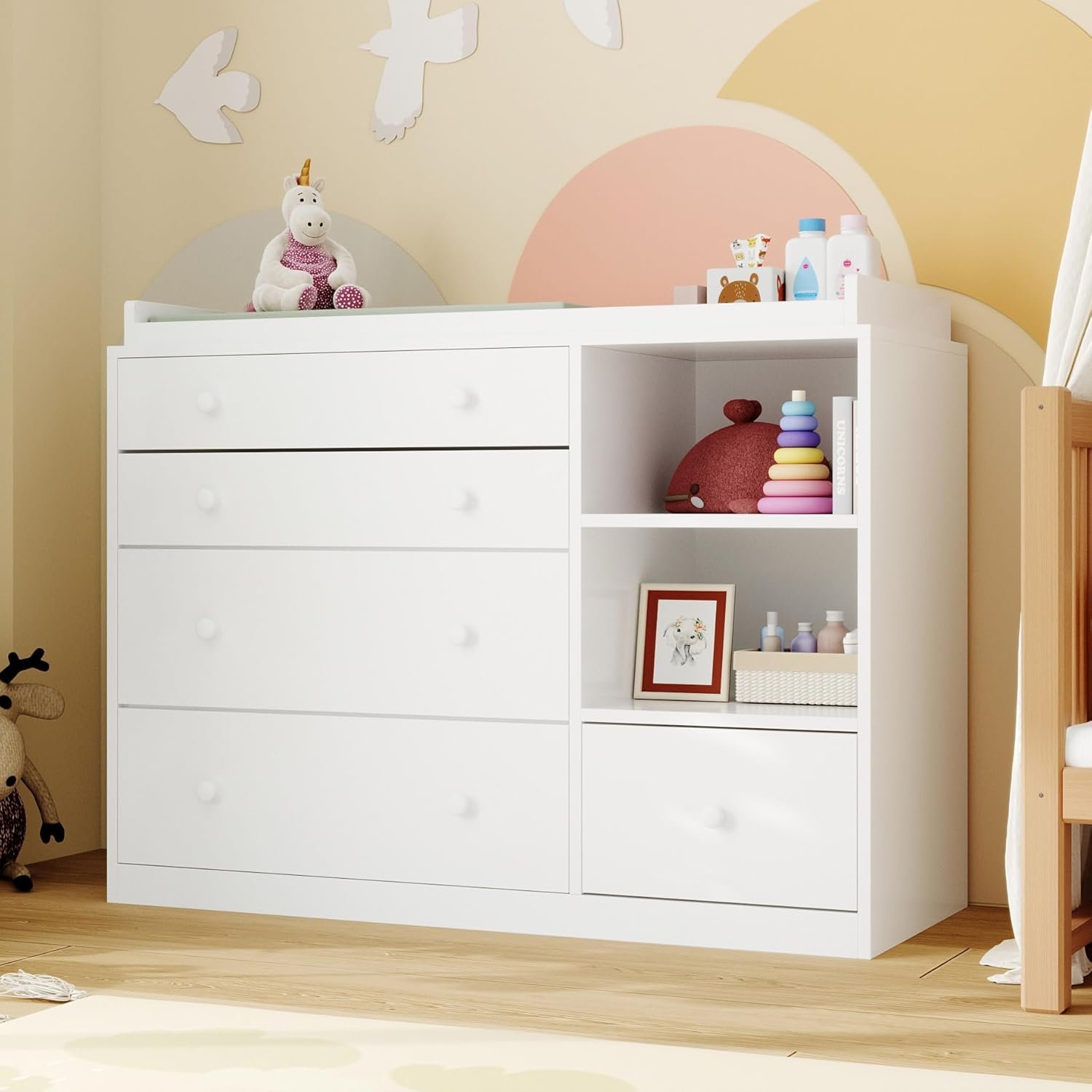 Lovinouse 47″ Baby Nursery Dreser Diaper Changing Table Furniture with 5 Drawers and 2 Shelves, Dresser for Baby Nursery with Storage & Removable Changing Top Station,Bedroom,Children’s Room, White