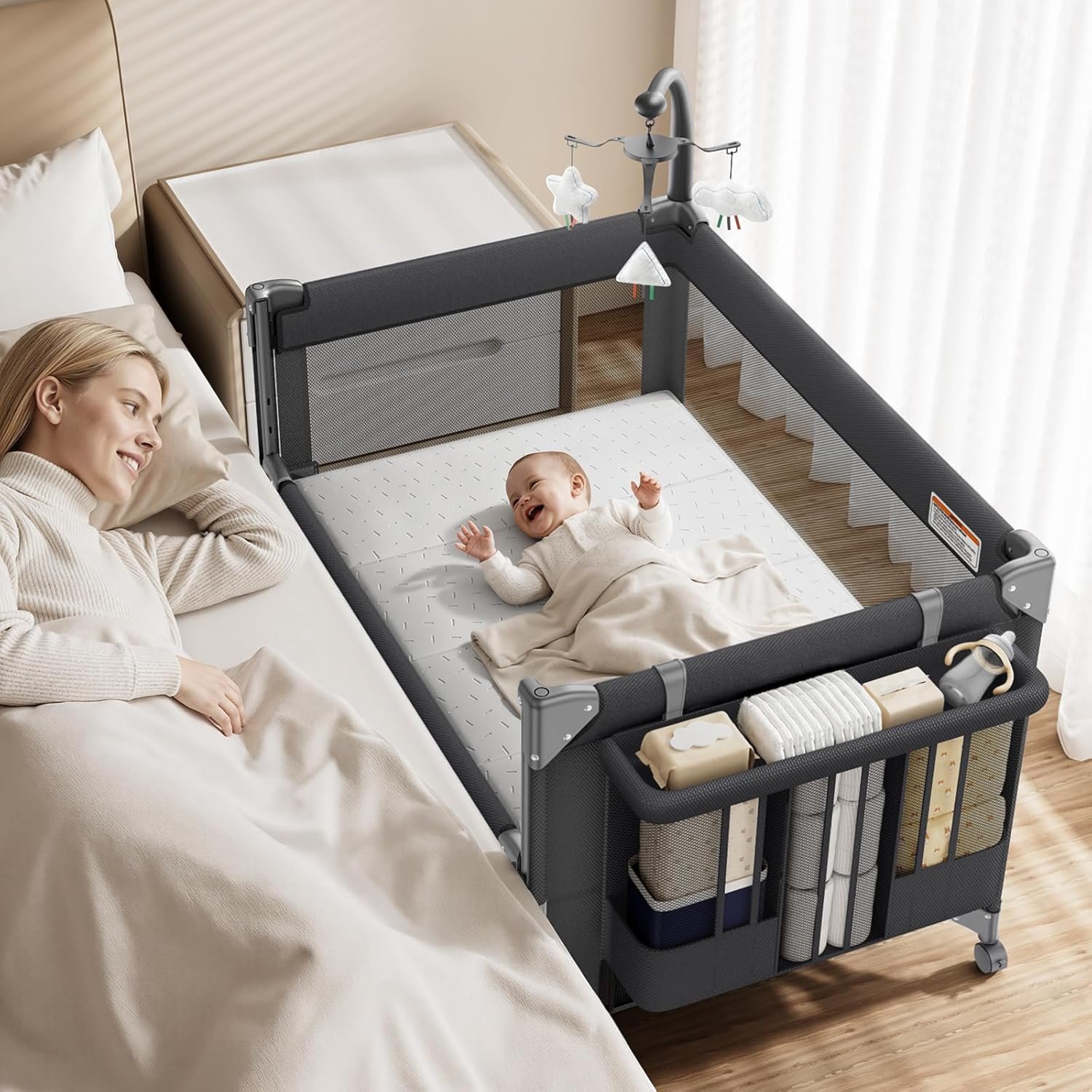 GAIVE 4 in 1 Baby Bassinet, One-Push Setup Pack and Play, Bedside Crib Sleeper with 3 Height Adjustable，Diaper Changer, Come with Comfy Mattress, Rotating Toy Bar, from Infants to Toddlers (Black)