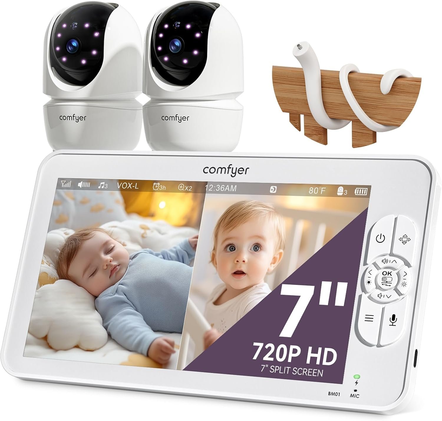 Comfyer BM01 7″ HD Split-Screen Baby Monitor with 2 1080P Cameras, 48 Hrs 6000mAh Battery Runs 2 Days in VOX Mode, No WiFi Monitor with a Flexible Bracket, 2 Way Audio, Remote PTZ, Auto Night Vision