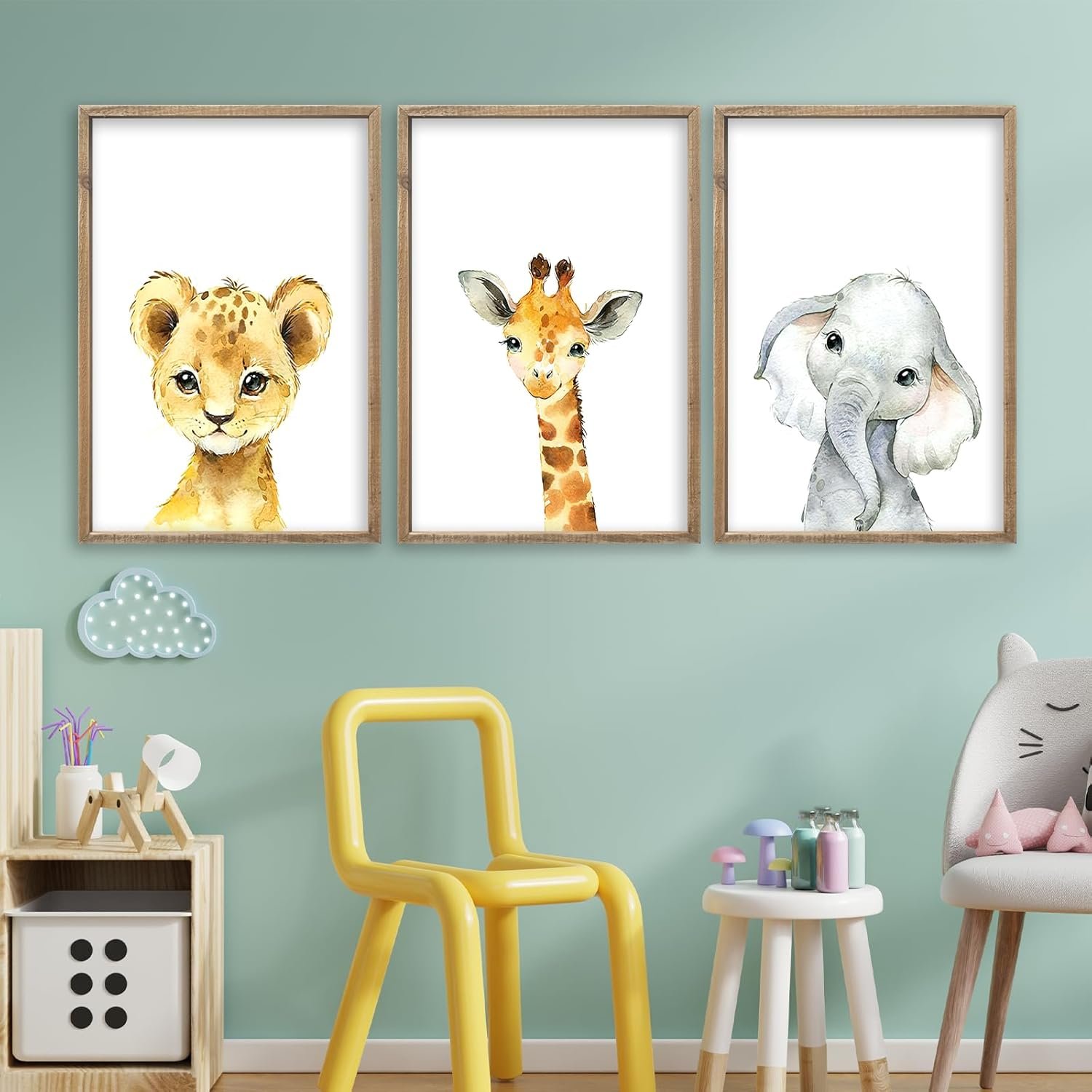 Baby Safari Nursery Wall Art Decor 11×16 Inch Set of 3 Wood Framed Cute Animal Giraffe Elephant Lion Prints Sign Kids Boys Girls Room Bedroom Jungle Animal Pictures Wall Hanging (Wood)
