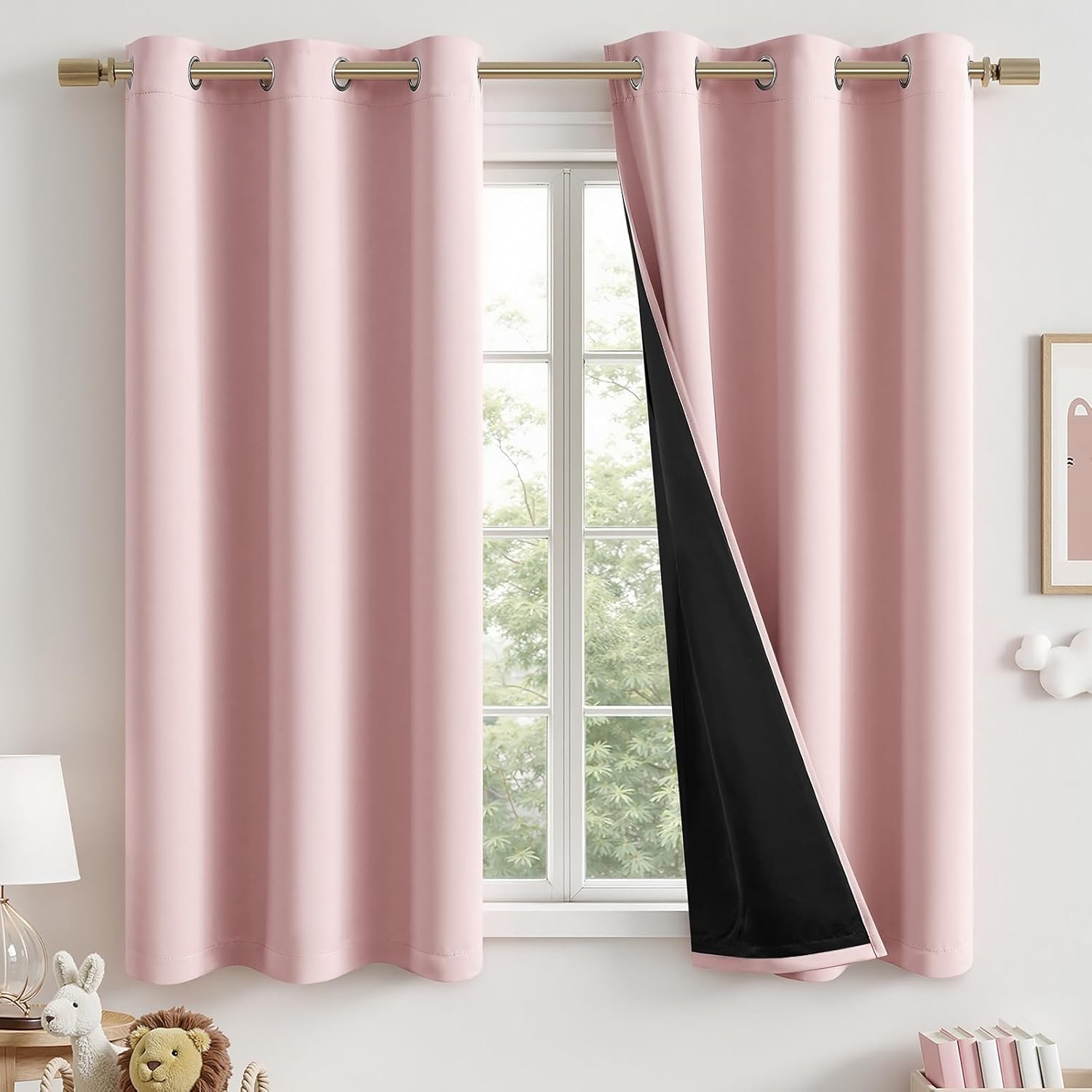 MIULEE Baby Pink 100% Blackout Curtains for Girls Bedroom 63 Inch Long, 2 Thick Layers Thermal Insulated Nursery Black Out Window Curtains with Black Liner, Noise Reducing Living Room Drapes 2 Panels