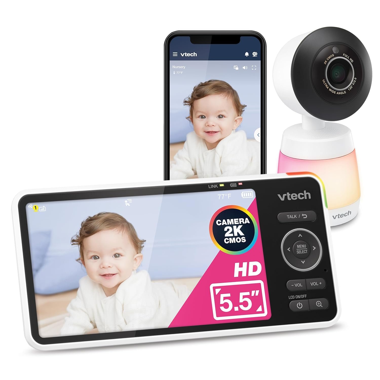 VTech Smart HD Plus WiFi Baby Monitor – 2K Camera, 5.5″ HD IPS Screen, 24X Pan Tilt Zoom, Multi-Color Night Light, Free App