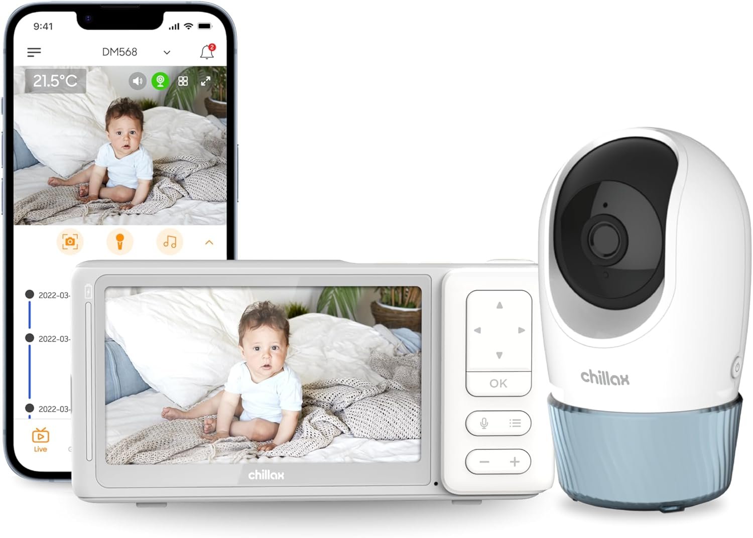 CHILLAX DM568 Video Baby Monitor – 2K QHD Baby Monitor with Camera and Audio w/Remote Pan‑Tilt‑Zoom, 5″ 720p Color Screen, Auto Dimming LED, Night Light & Sleep Trainer, Wi‑Fi/Non‑Wi‑Fi Viewing