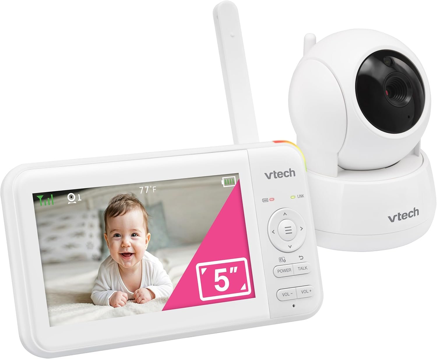 VTech 924W Non-WiFi Video Baby Monitor with 5″ Screen & Pan-Tilt-Zoom – 17Hr Battery, 1000ft Range, Night Vision, Temperature Sensor, Lullabies – Secure & Hack-Proof