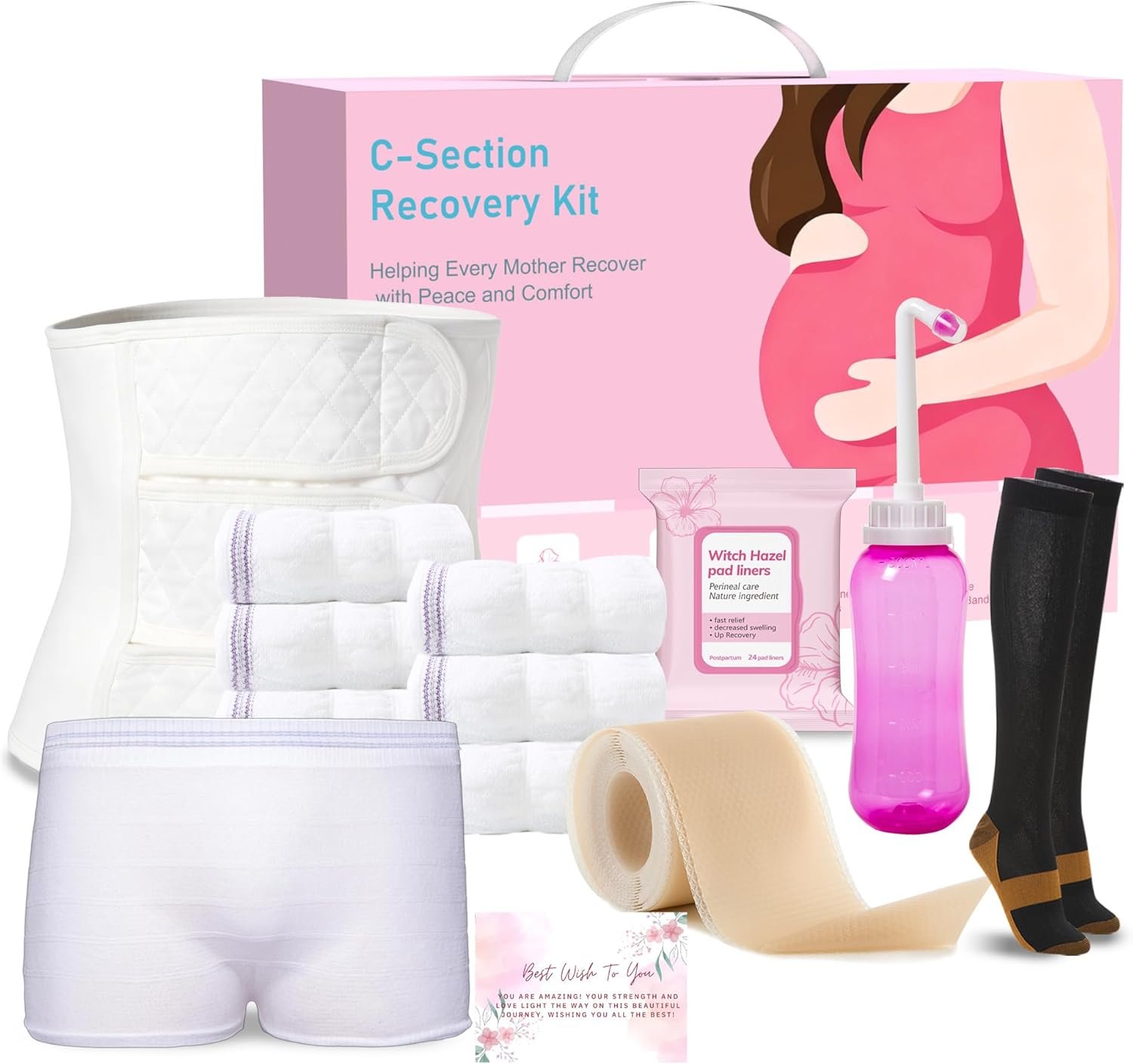 C Section Recovery Must Haves Kit – Peri Bottle,Disposable Mesh Underwears,Witch Hazel Pad Liners,Silicone Scar Patches, Abdominal Belly Binder,Socks,C-Section Recovery Essentials Kit