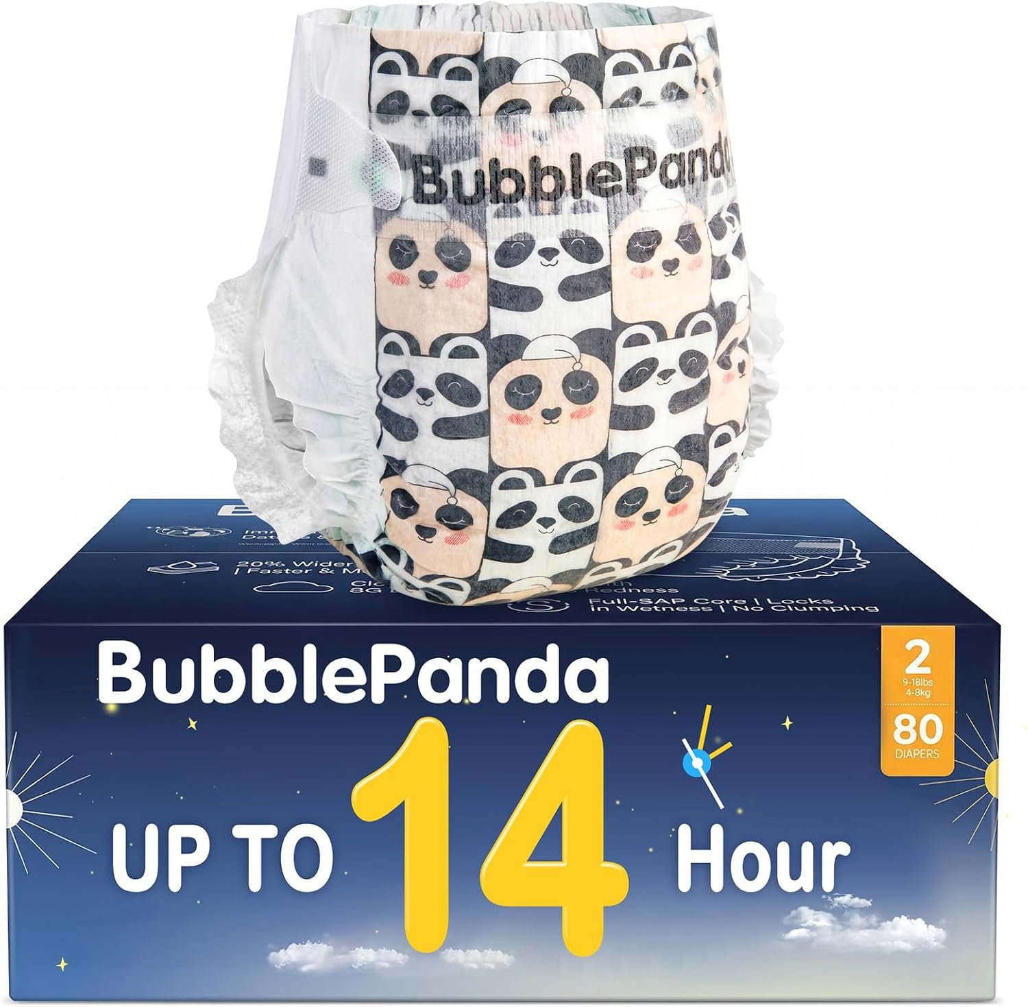 BubblePanda Overnight Diapers, Baby Diapers Nighttime Protection with Dual Absorbent Core, Wider Absorbent Zone, Leak Proof & Soft Surface, Disposable(Size 2, Count 80)