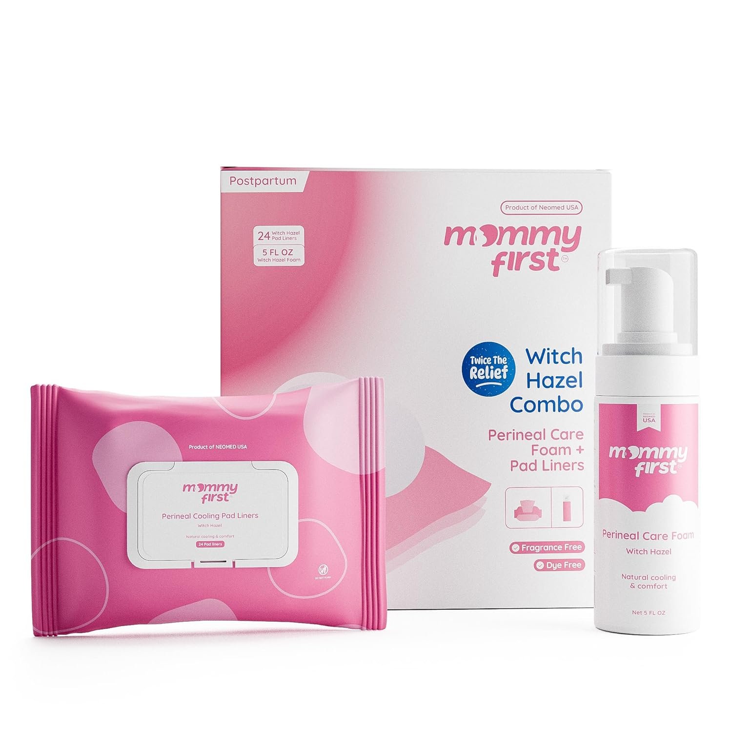 Mommy First® Alcohol-Free Witch Hazel Postpartum Healing Foam & Perineal Cooling Liners Bundle – Probiotic-Infused Relief for Perineal Pain, Itch & Burn After Birth – 24 Liners + 5oz Foam