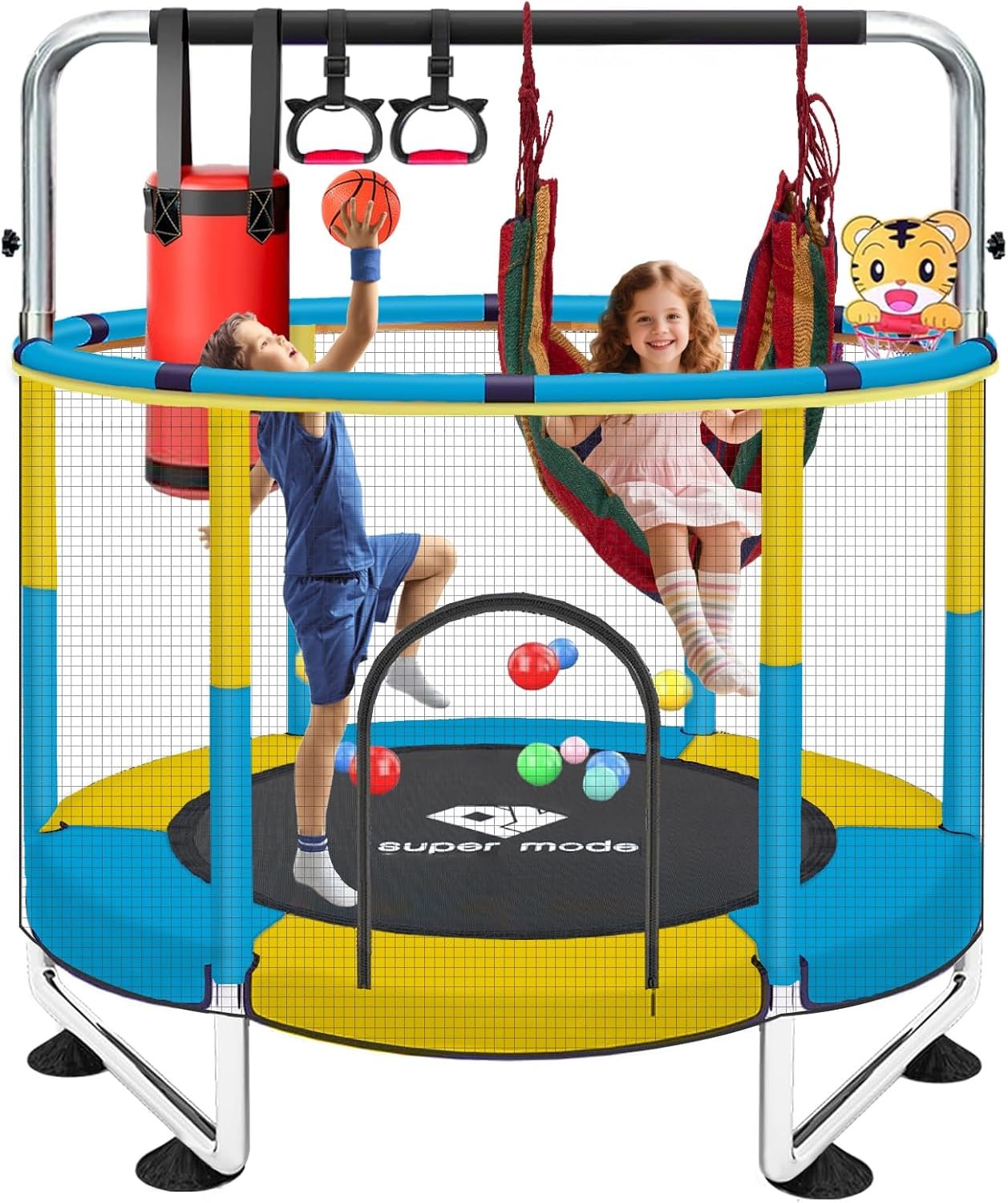 55″ Indoor & Outdoor Trampoline for Kids with Enclosure, Toddler Trampoline with Adjustable Gymnastics Bar & Toys, No-Gap Safety Design