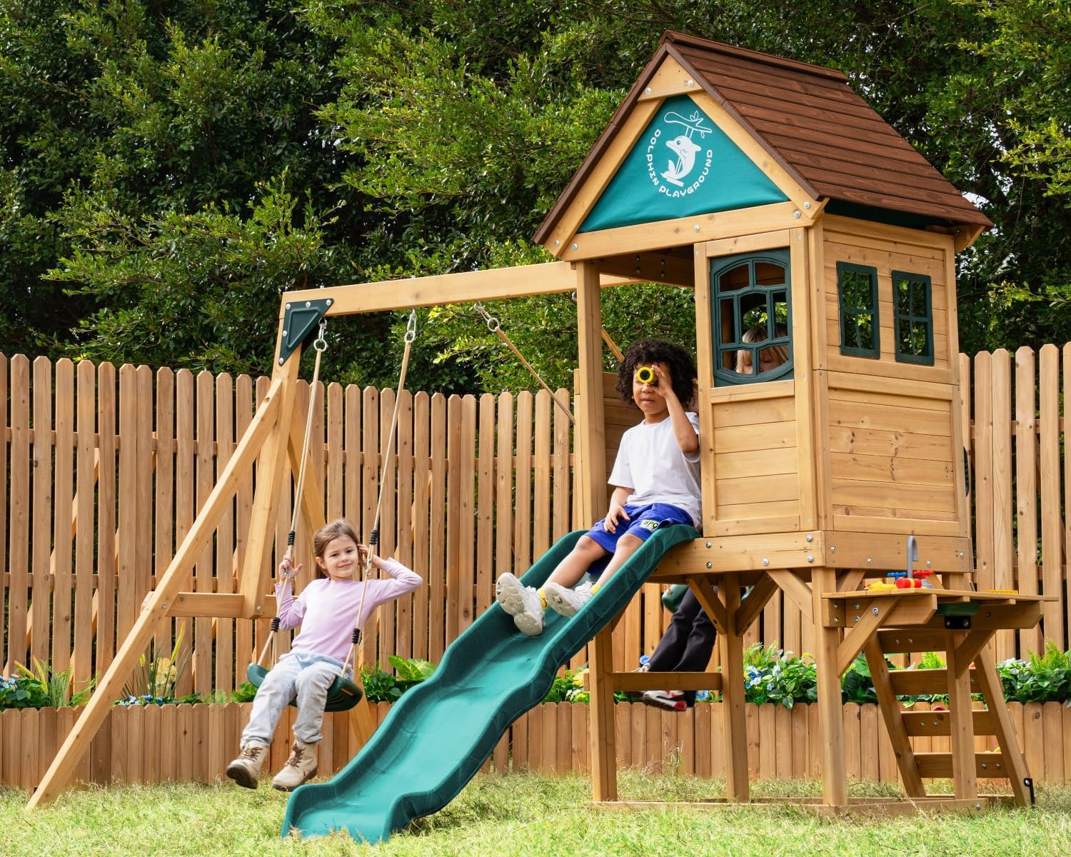 Dolphin Playground Wooden Swing Sets for Backyard with Playhouse, Cedar Outdoor Playset with 6FT Wave Slide, Climbing Wall, 2 Swings, Chalkboard & Toy Sink for Kids Ages 3-10