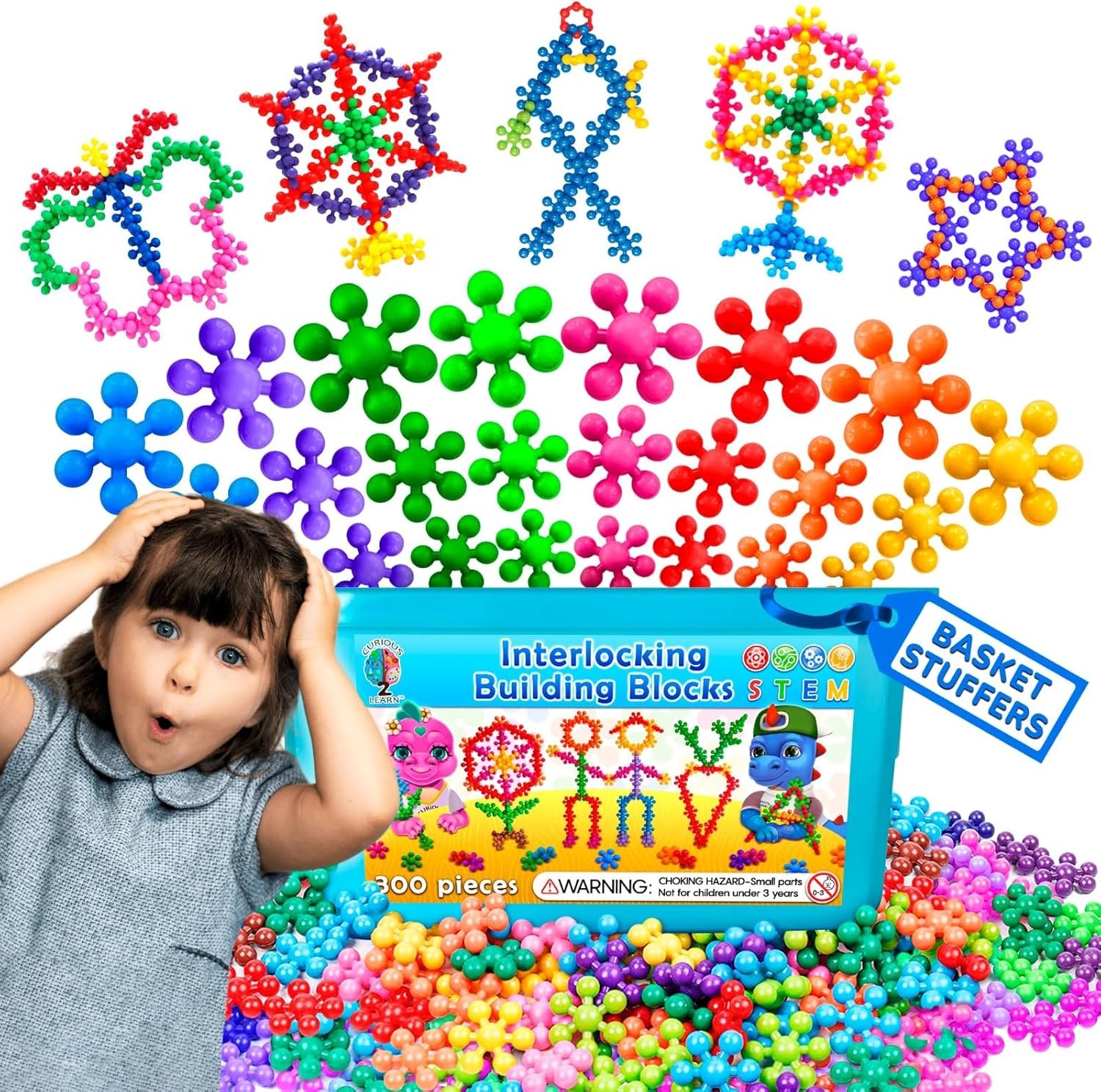 Curious 2 Learn Building Blocks 300ct – STEM Toys for Creativity – 4 Year Old Boy Birthday Gift – Interlocking Discs Set – 5 Year Old Boy Birthday Gift – Educational Toys