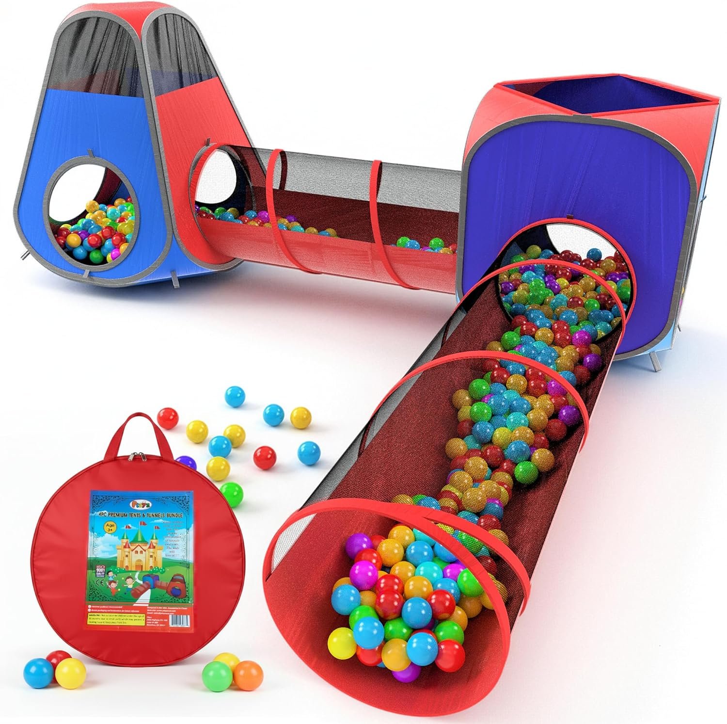 Playz 4pc Pop Up Play Tent and Tunnel Bundle for Toddlers and Kids – Indoor & Outdoor Playhouse with Storage Bag, Red & Blue