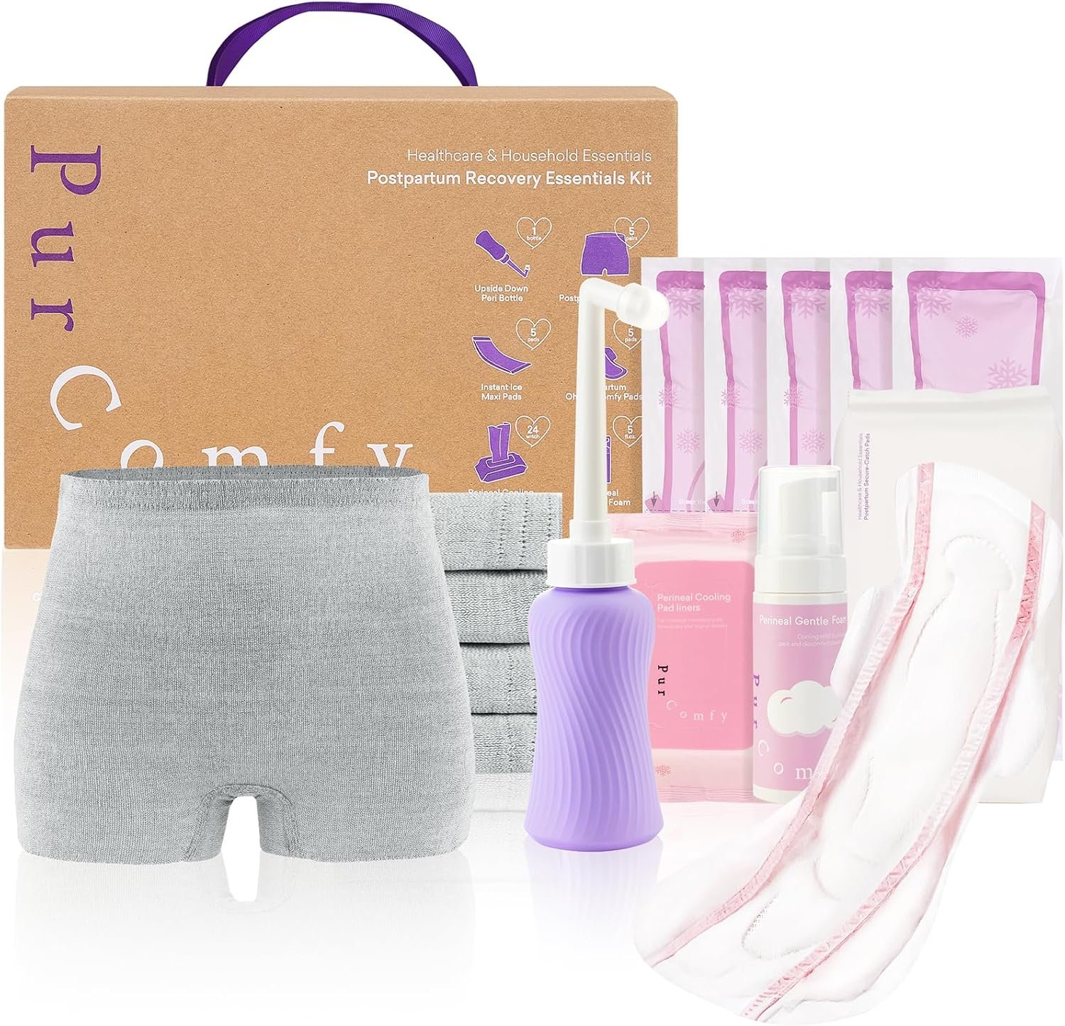 PurComfy 18 Pcs Postpartum Essentials Recovery Kit, Includes 5 Disposable Underwear, 24 Perineal Pad Liners, Perineal Care Foam, 5 Instant Ice Pads, Peri Bottle and 5 Postpartum Pads