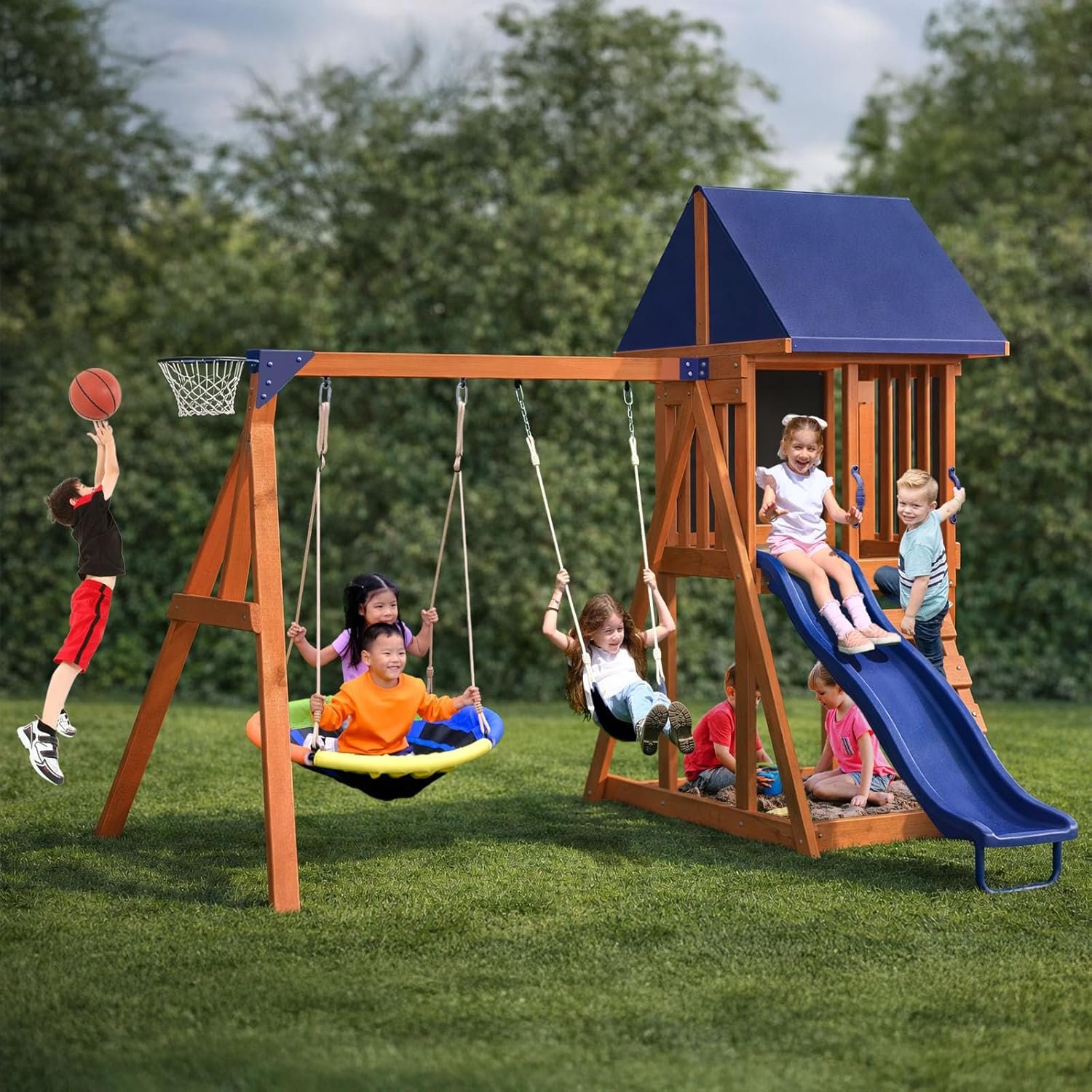 Sportspower Applewood Cedar Wooden Swing Set, Double A-Frame with 32″ 2-Person Saucer Swing & Sling Swing, 6ft Wavy Slide, Covered Play Fort with Rock Wall, Chalkboard, Sandbox Area & Basketball Hoop