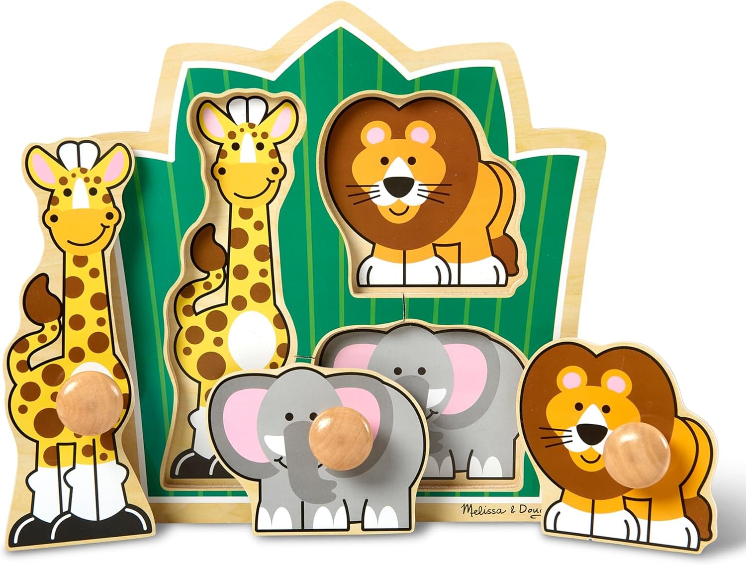 Melissa & Doug Jungle Friends Safari Animals Jumbo Knob Puzzle, Wooden Peg Puzzle for Toddlers, Educational Toy for Shape Recognition and Fine Motor Skills, Ages 1+