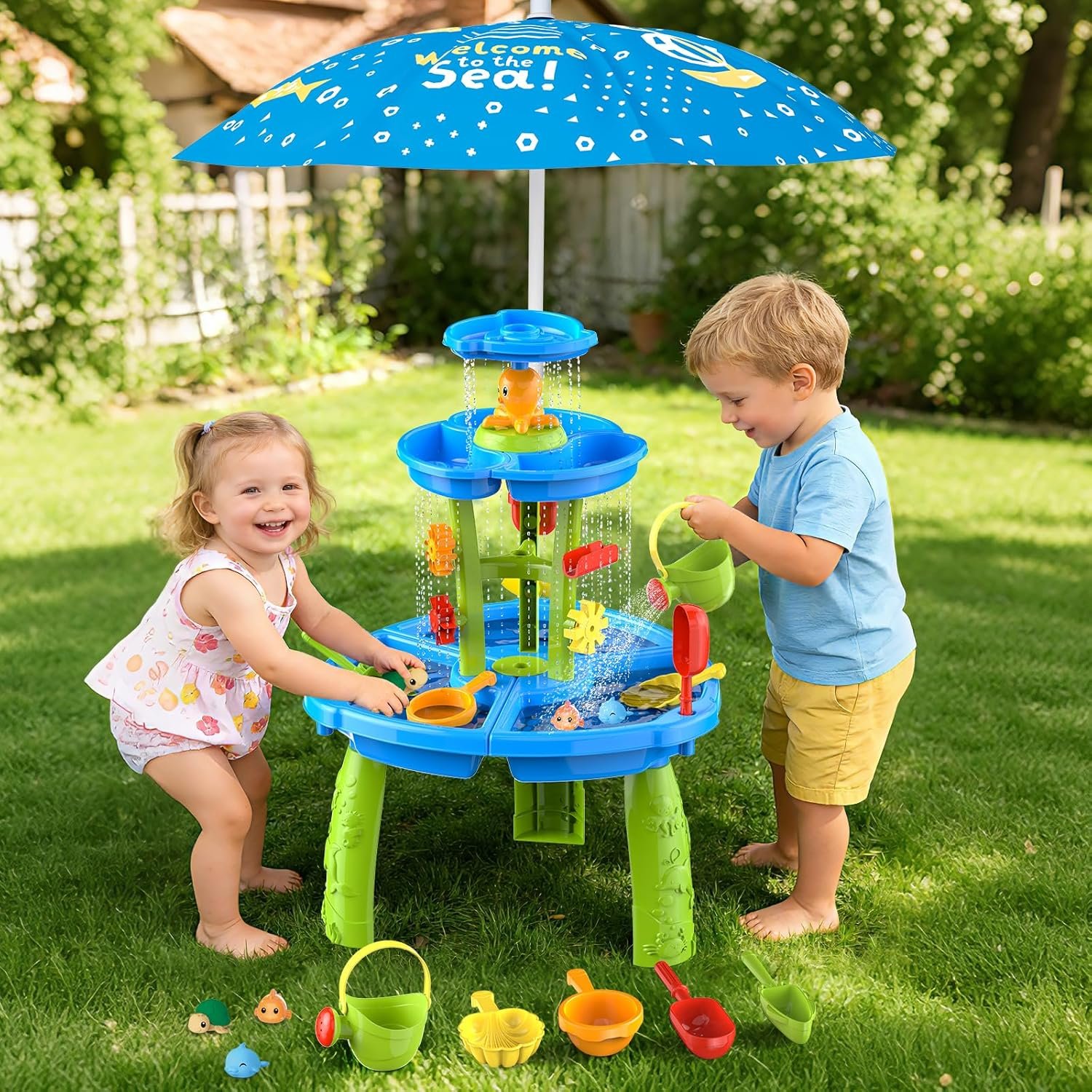 Water Sand Table with Umbrella for Toddler Kids – 3-Tier Summer Toys, Outdoor Backyard Beach Poolside Playset with Stable Design, Sensory Learning Activity Game Gifts for Boys Girls(Azure)