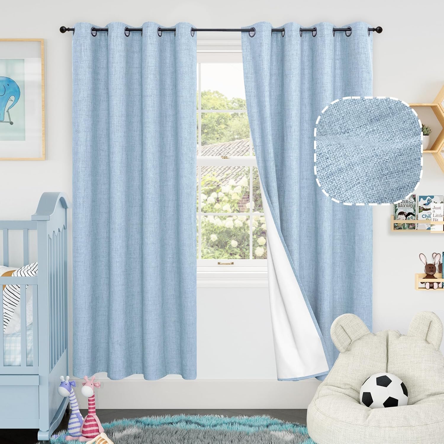 Baby Blue Linen Blackout Curtains for Nursery 72 Inch Length 2 Panels Set, Thermal Insulated Boho Total Black Out Noise Reducing Bonzer Grommets Window Curtains for Kids Bedroom, Each 52 Inch Wide