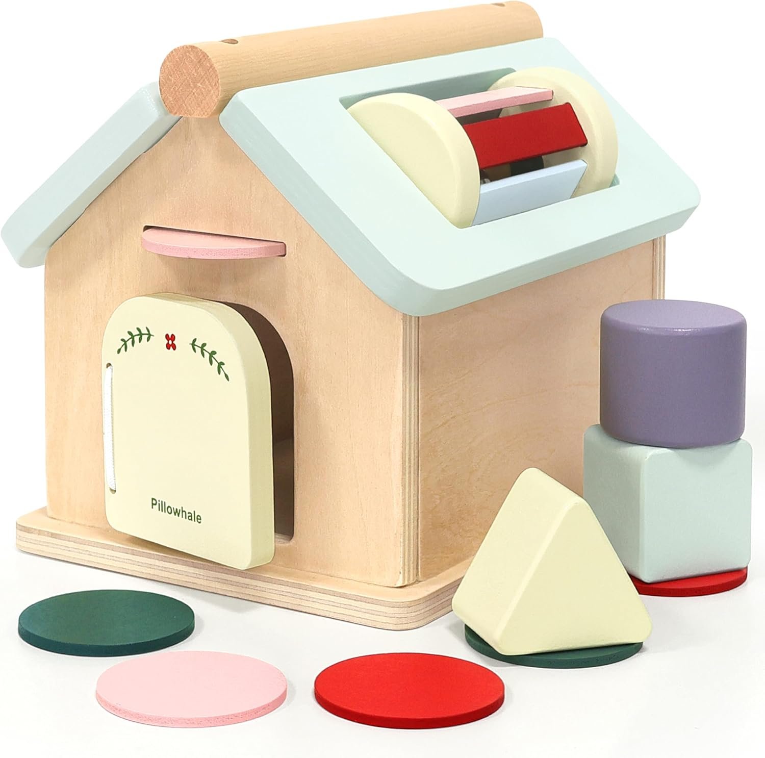 Pillowhale Montessori Activity Cube for Toddlers 1+, Wooden 5-in-1 Learning Toy with Object Permanence Box, Shape Sorting & Stacking, Fine Motor Skills Toy for Baby Boys Girls