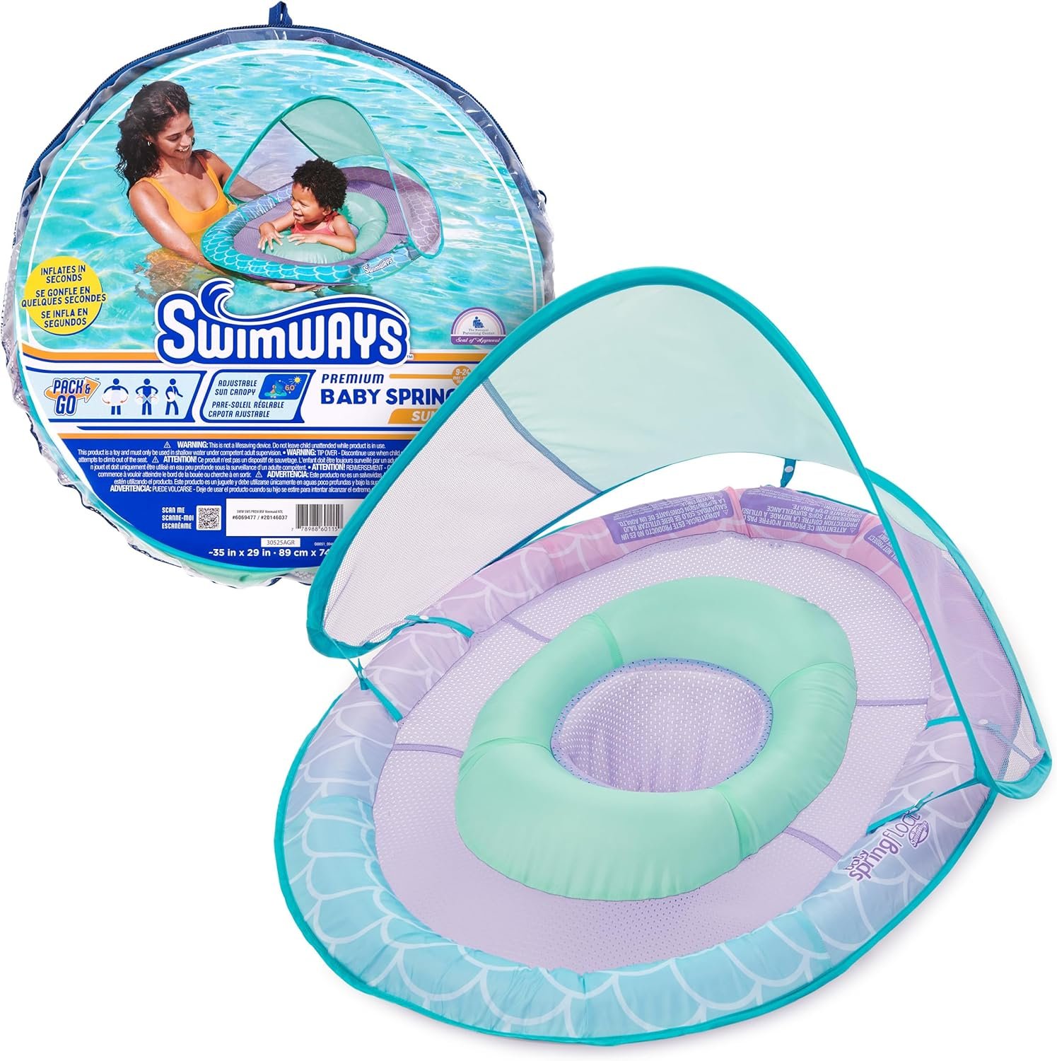 SwimWays Baby Spring Float, Baby Pool Float with Canopy, Swim Training PFD, Swimming Pool Accessories for Babies and Toddlers 9-24 Months, Mermaid