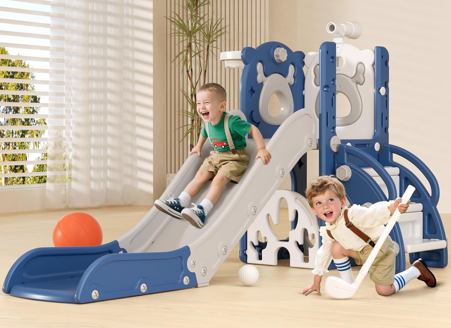 XJD 7 in 1 Toddler Slide, Kids Indoor Slide for Toddlers 12 to 36 Months, New Upgrade with Golf, Basketball Hoop for Indoor Outdoor Playset, Birthday Gifts for Toddler (Blue Gley)