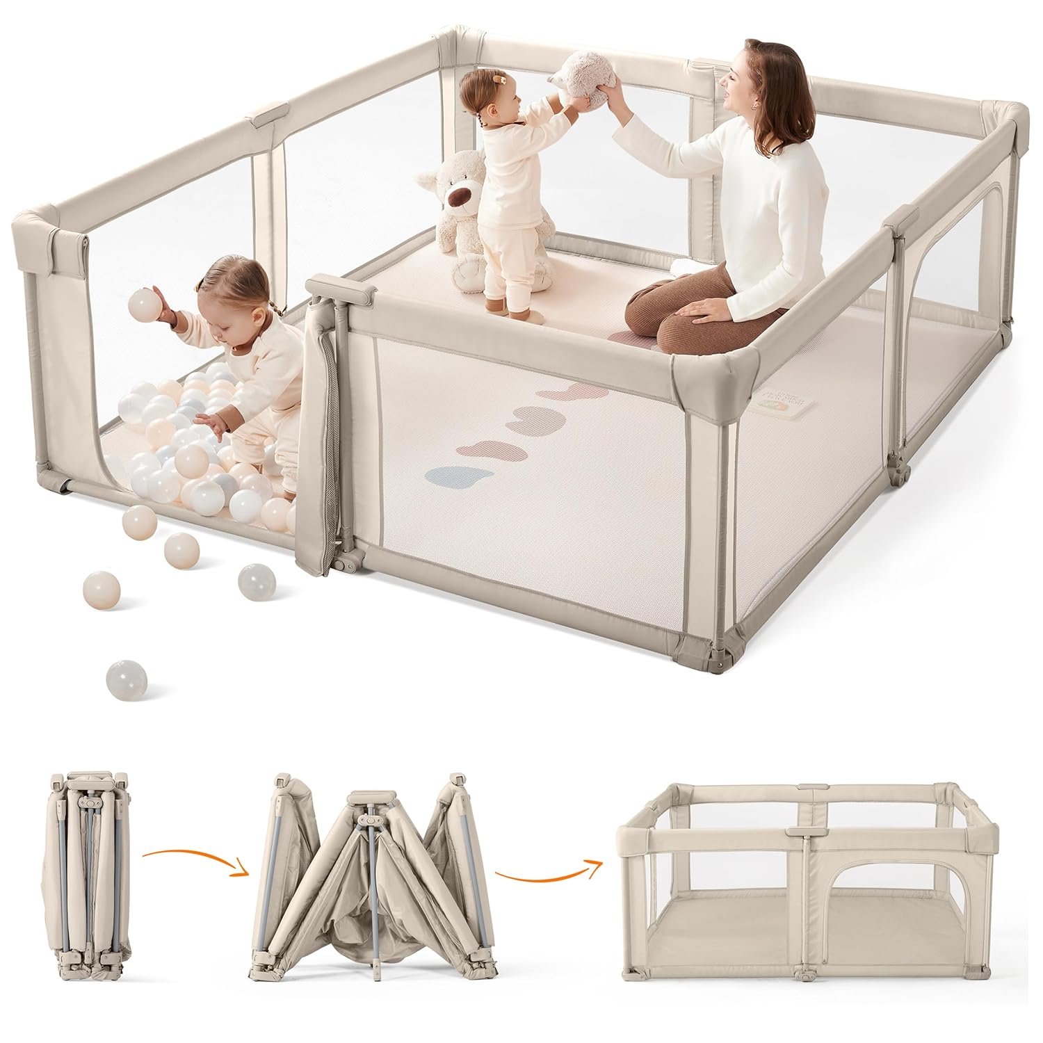 Sweeby Baby Playpen, 59×59 Inch Gate Foldable for Babies and Toddlers, Extra Large with Door Play Yard for Fence Indoor and Outdoor, Light Khaki