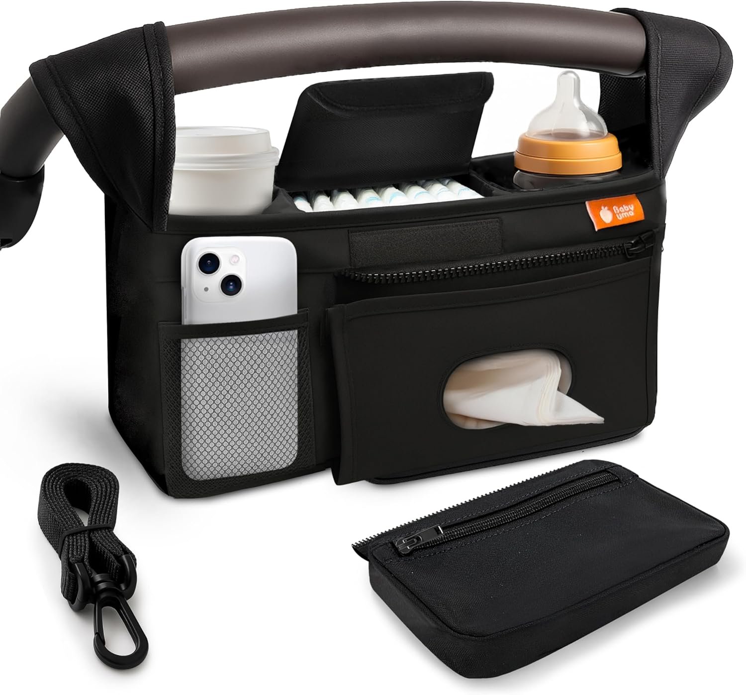 Baby Uma Universal Stroller Organizer Bag – Stroller Caddy Organizer with XL Insulated Cup Holder (x2), Phone Holder, Wipes Dispenser, Zip-Off Wrist Bag & Clip-On Shoulder Strap, Baby Travel Gear