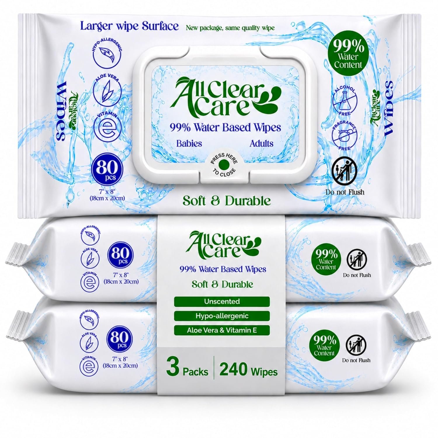 All Clear Care Baby Wipes, Unscented for Sensitive Skin, Large Soft Durable & 99% Water Based, Gentle & Hypoallergenic for Babies & Adults, Vitamin E and Aloe, Flip Top Lid, 3 Pack (240 Wipes)