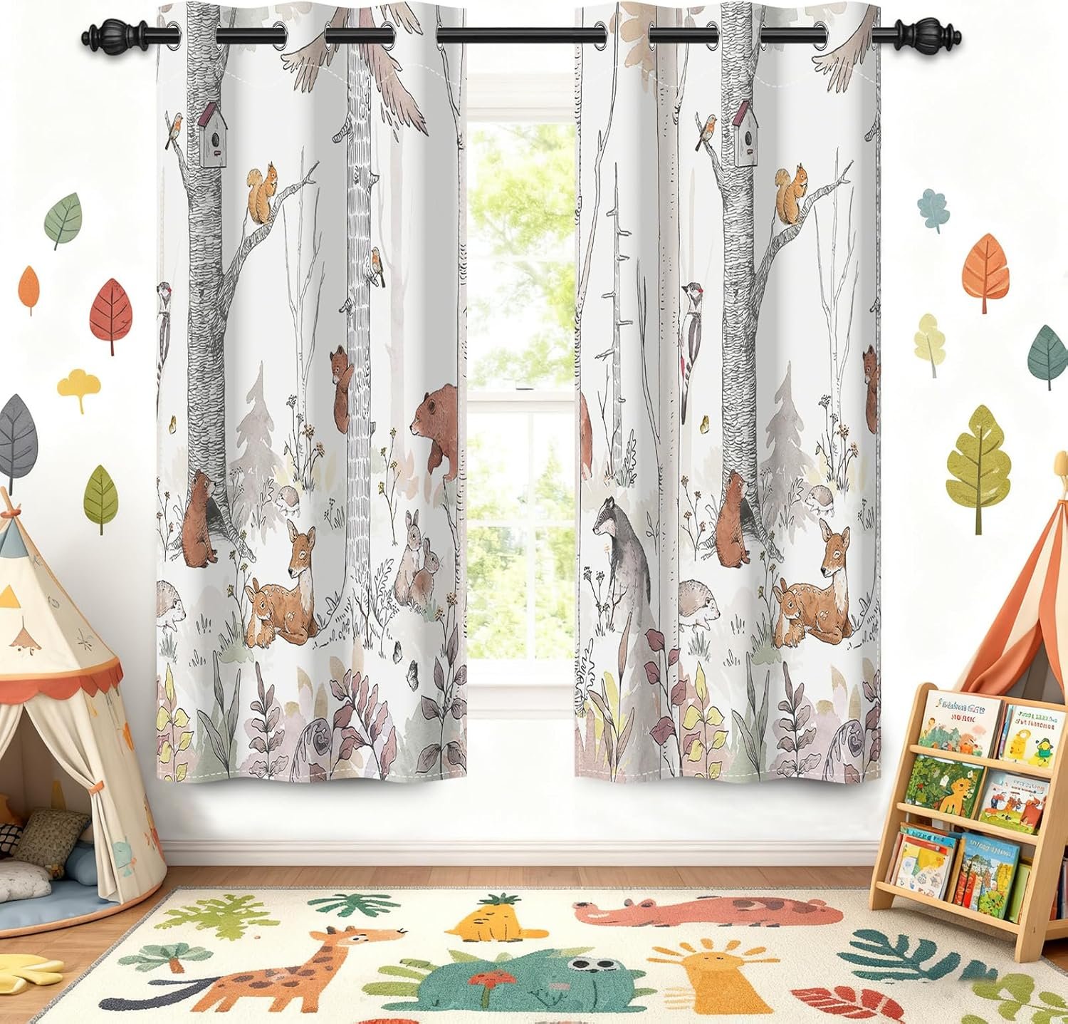 Kids Blackout Curtains for Nursery, Boy’s Woodland Animal Print Curtains for Bedroom, Cartoon Room Darkening Window Drapes 2 Panels Set, White, 42W x 63L