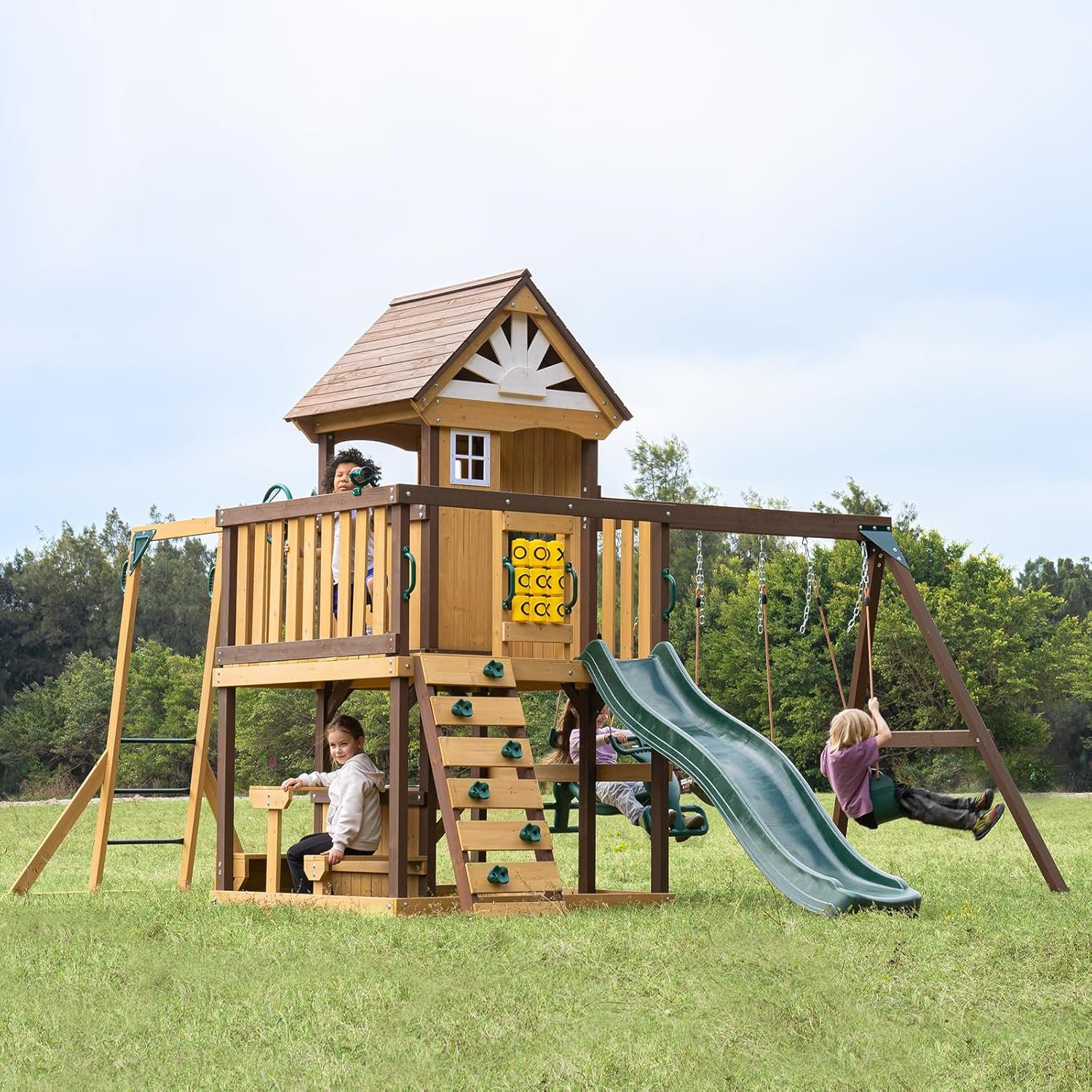 Dolphin Playground Wooden Swing Set with Castle Playhouse & Balcony, Cedar Backyard Playset Includes 6FT Wave Slide, Climbing Wall, Monkey Bars, Glider Swing, Sandbox, Outdoor Table for Ages 3-10