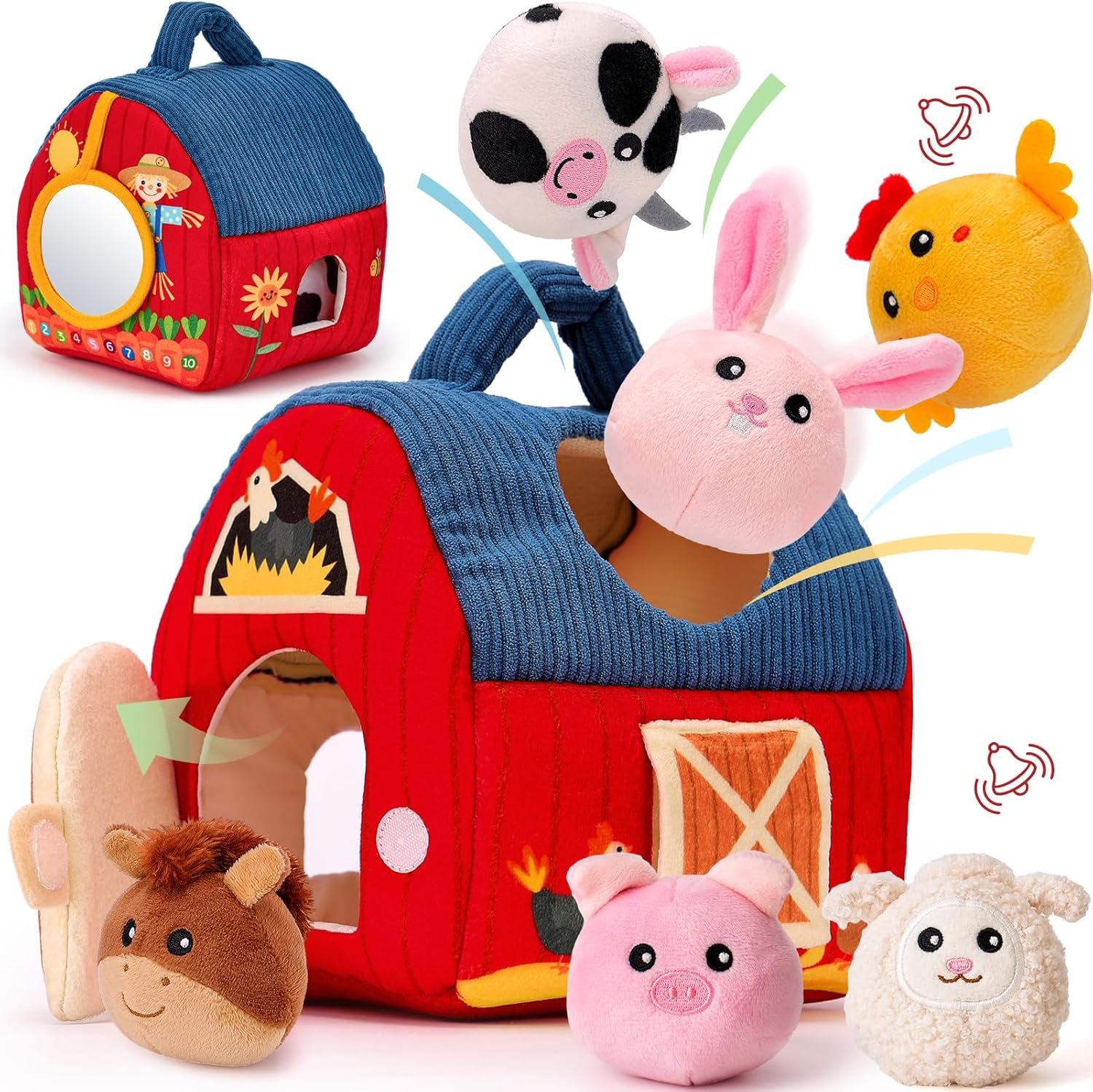 hahaland Baby Toys 6-12 Months – Surprise Barn Stuffed Farm Animals, Rattle, Crinkle, Mirror, Montessori Toys for 6 Month Old Sensory Balls 1-3, Baby Boy Gifts, Farm Plush Toys for Babies Travel Toy