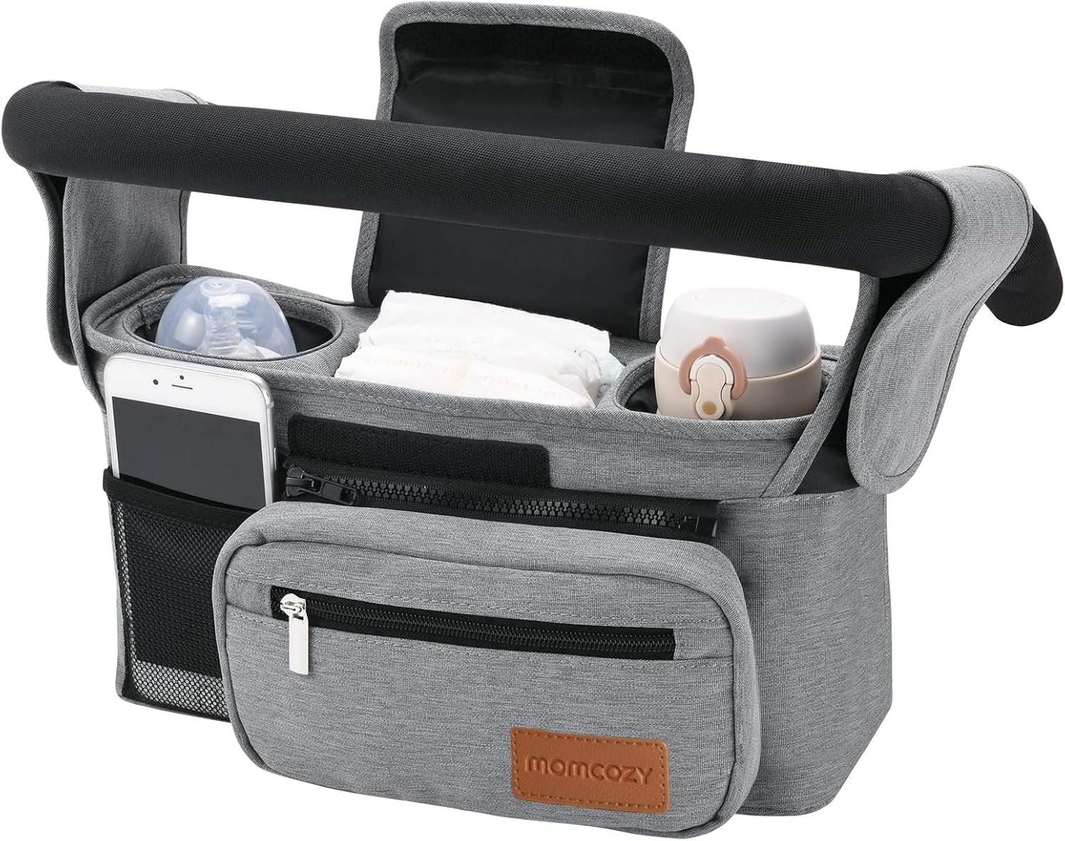 Momcozy Universal Stroller Organizer with Insulated Cup Holder Detachable Phone Bag & Shoulder Strap, Fits for Stroller Like Uppababy, Baby Jogger, Britax, BOB, Umbrella and Pet Stroller