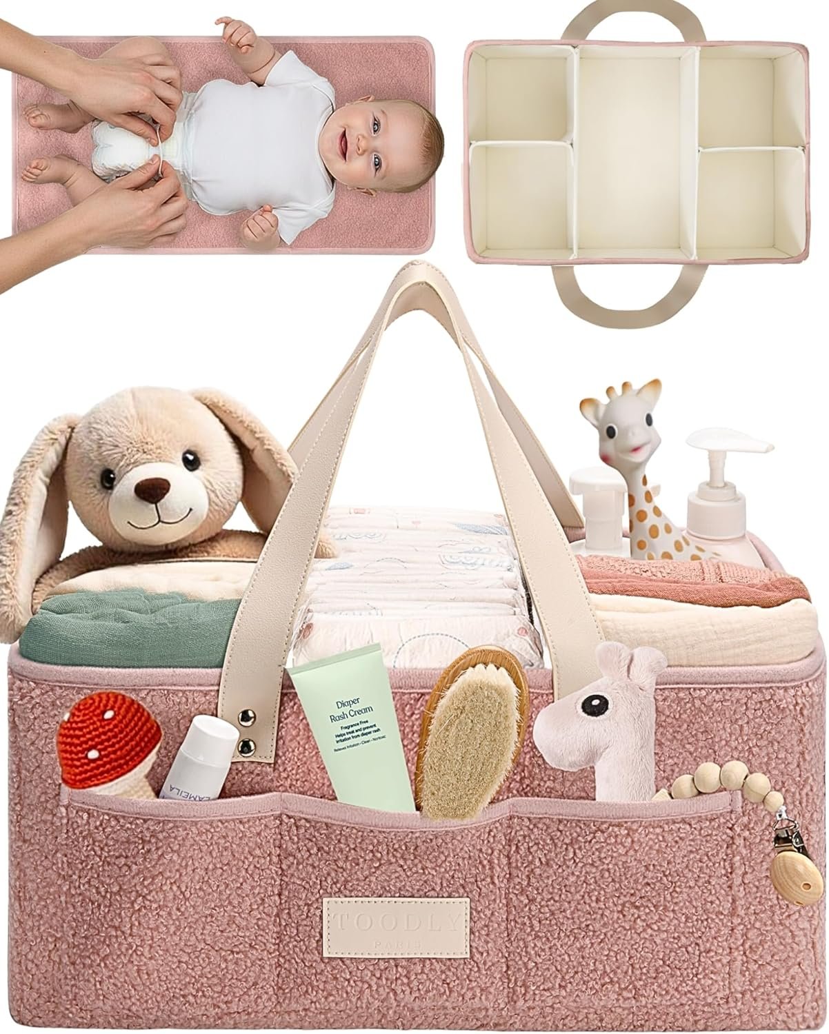 Baby Diaper Caddy Organizer with Portable Changing Mat – Teddy Fleece Diaper Organizer for Changing Table – Basket for Changing Essentials – Baby Essentials Organizer with Removable Dividers