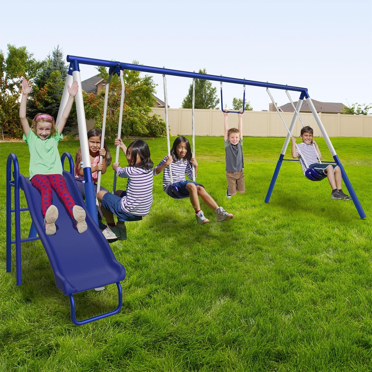Sportspower Arcadia Metal Swing Set for Kids – Trapeze, 2-Person Glider, 5ft Slide, Anchor Kit, 6.1′ Durable Steel Frame – Outdoor Backyard Playset with 600 lb Capacity