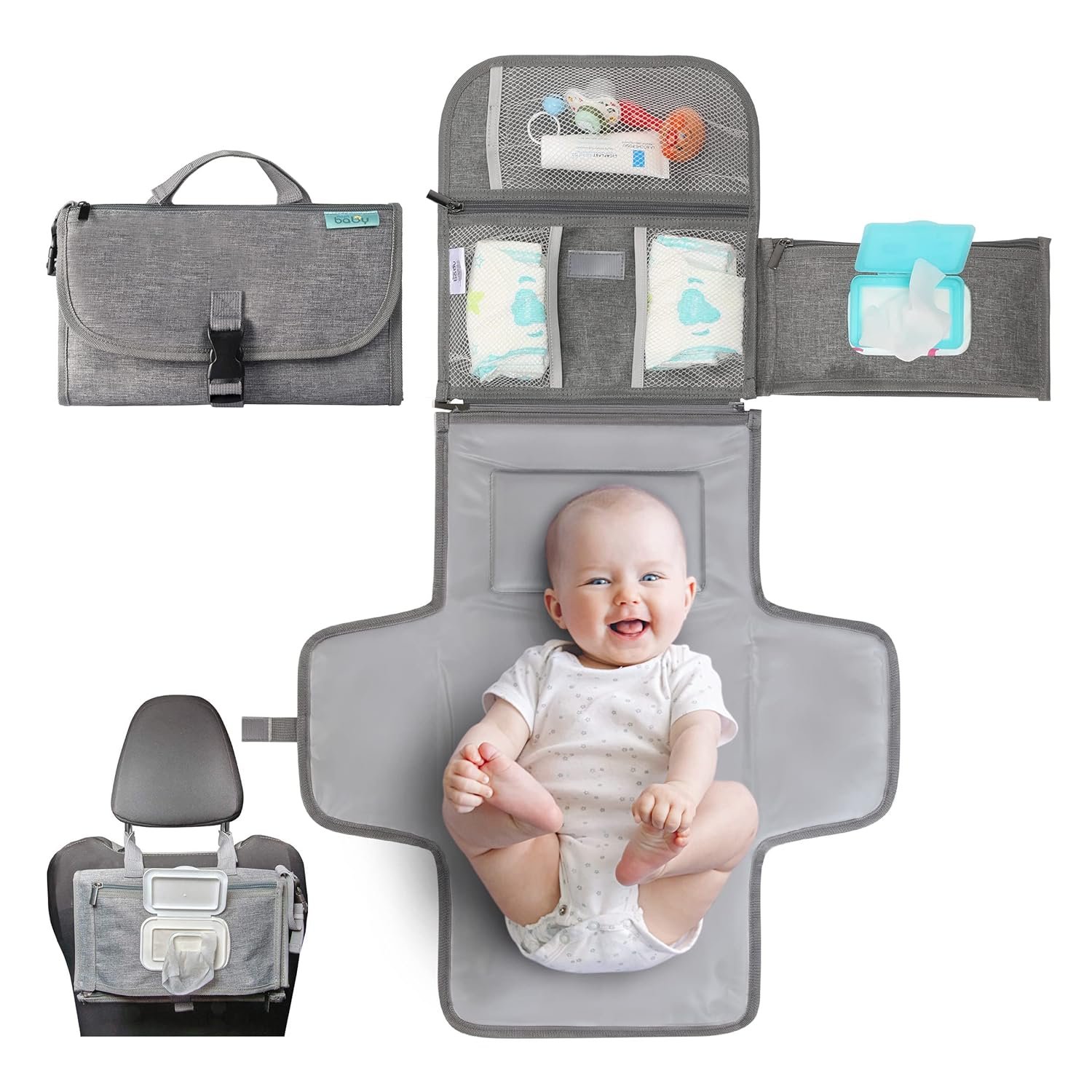 Kopi Baby Portable Diaper Changing Pad – Baby Diaper Changer Travel Bag with Wipes Pocket, Smart Design Portable Changing Mat, Infant Travel Station Kit, Gift for Newborn Girl & Boy – Grey, Premium