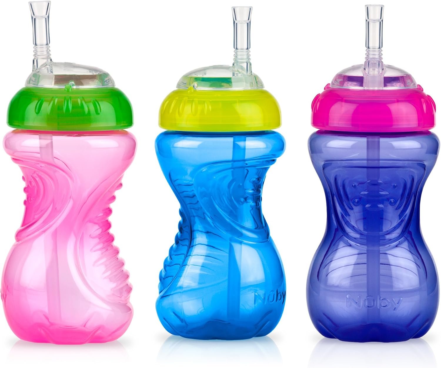 Nuby No-Spill Soft Straw Easy Grip Sippy Cup for Girls – (3-Pack) 10 Oz – 12+ Months