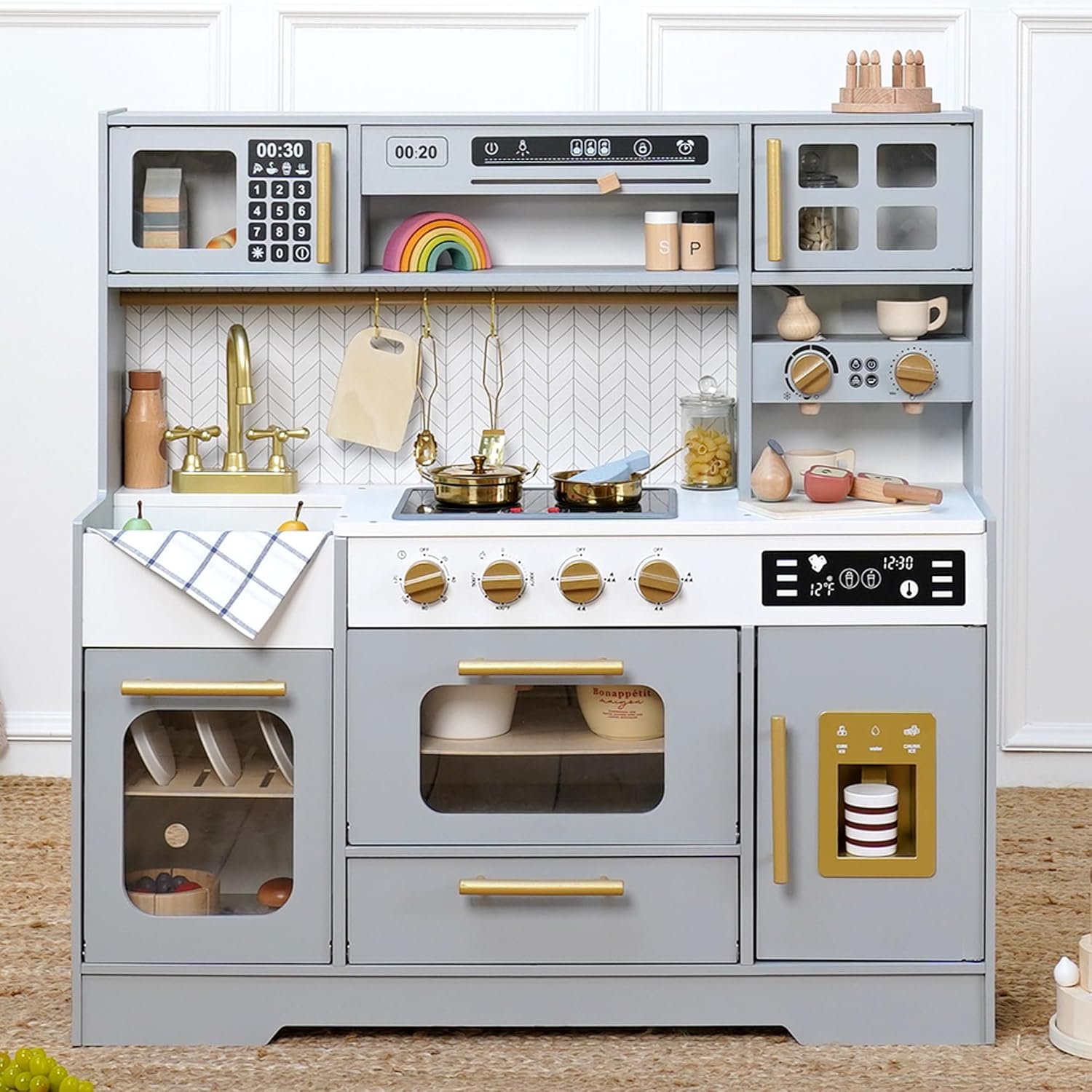 Wooden Play Kitchen for Kids – Pretend Play Kitchen Set with Realistic Stove, Sink, Coffee Maker, Ice Maker, Toy Kitchen Toddlers Ages 3+