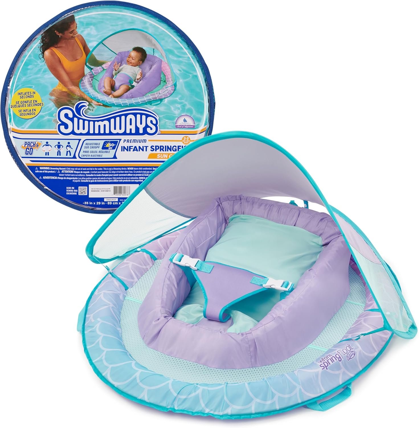 SwimWays Infant Spring Float, Baby Pool Float with Canopy & UPF Protection, Swim Training PFD, Swimming Pool Accessories for Babies 3-9 Months