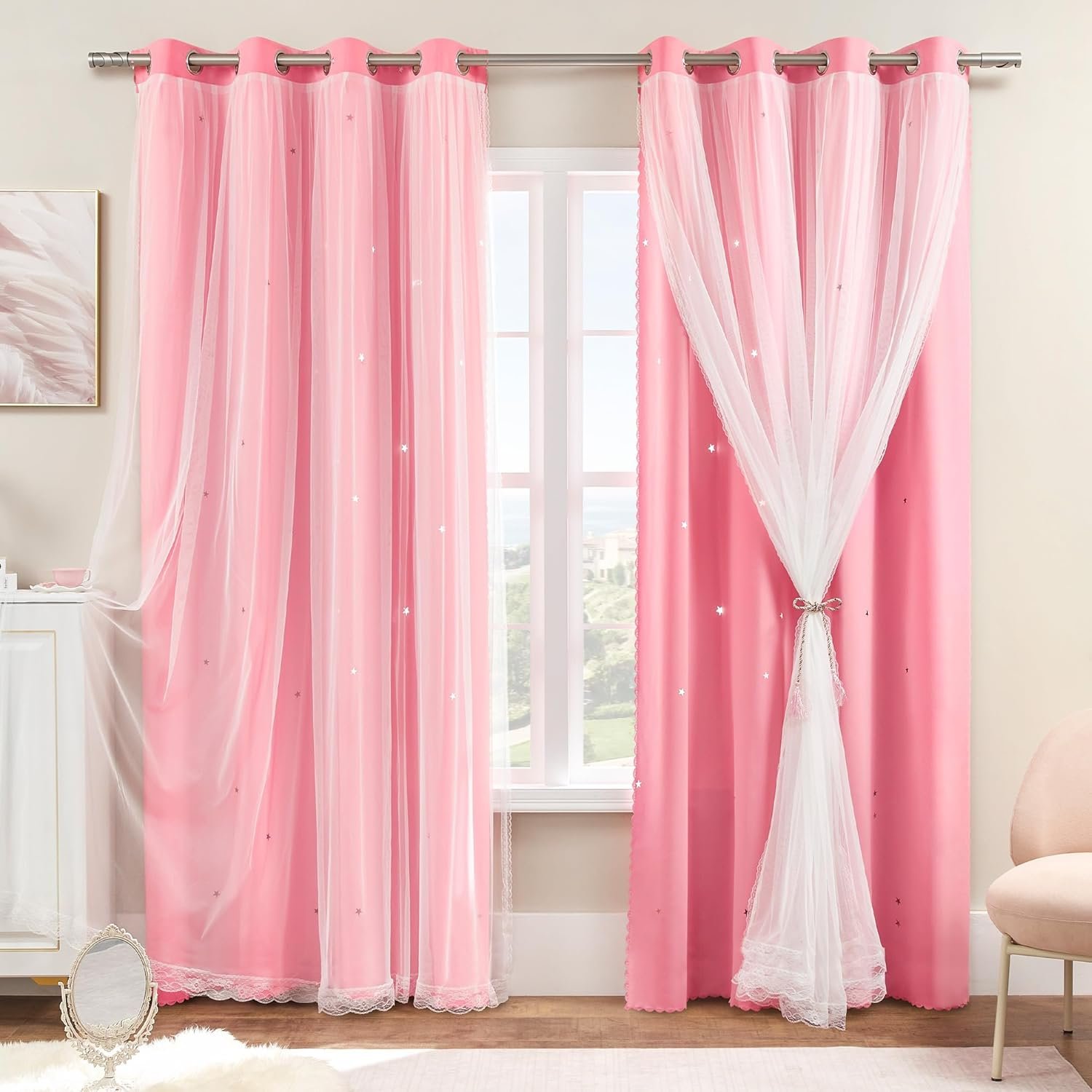 XiDi Pink Curtains for Bedroom Decor, Baby Pink Kids Blackout Curtains for Girls Room, Princess Unicorn Wall Decor Set of 1 Panel, 34×63 Inches